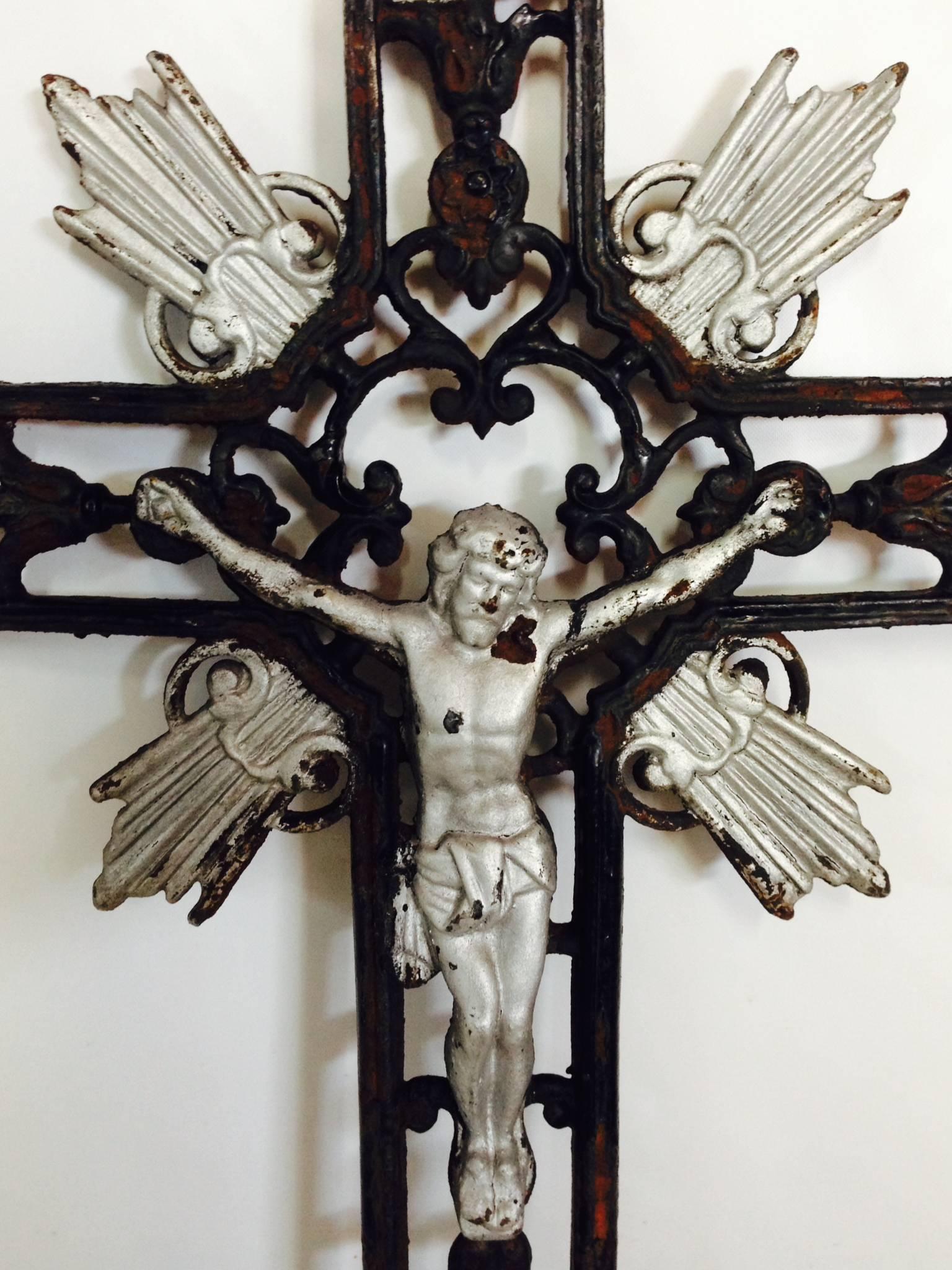 Silvered 20th Century French Art Deco Style Architectural Cast Iron Grave Marke Crucifix
