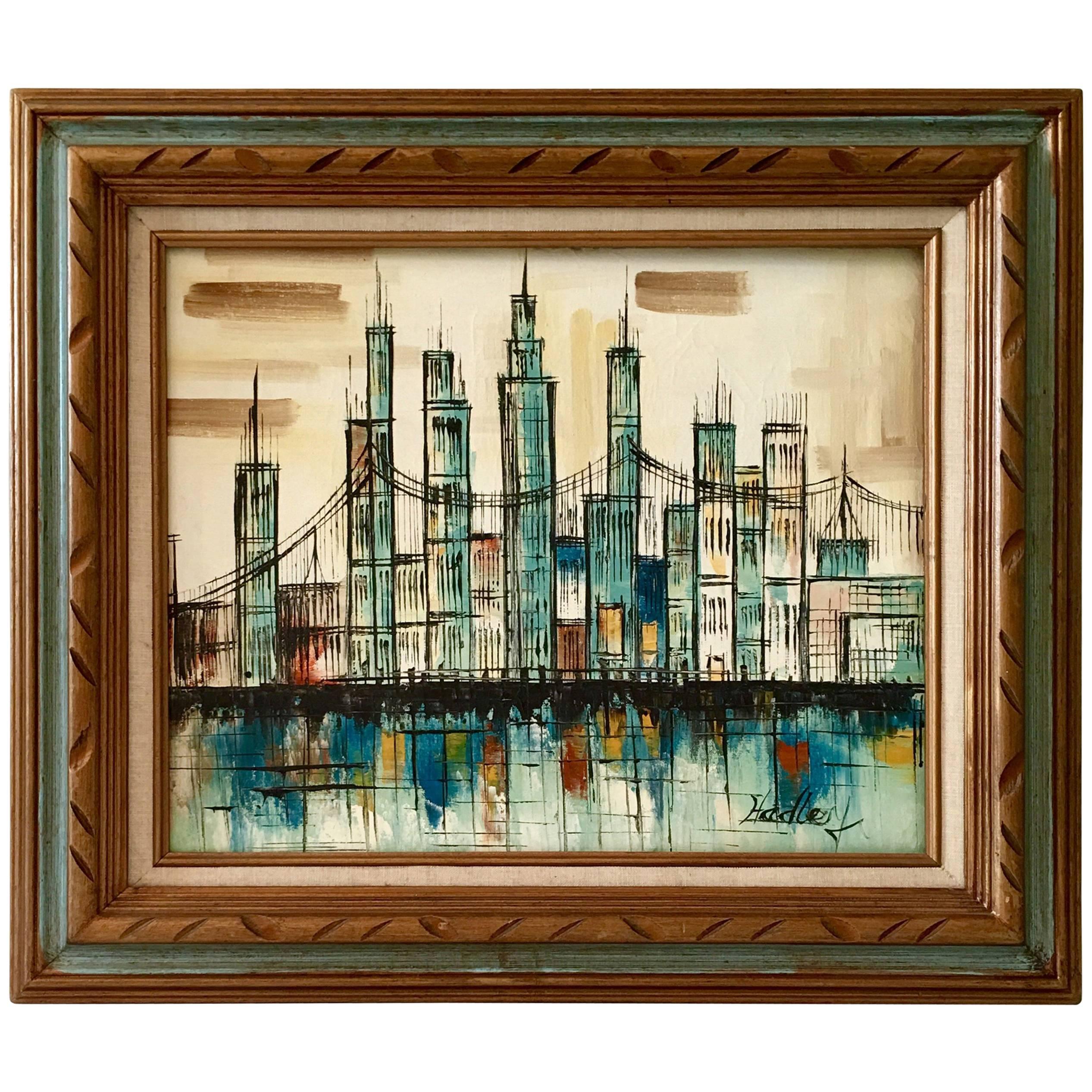 Mid-Century Modern Original Oil On Canvas "Cityscape" Painting By, Hadley For Sale