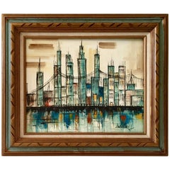 Mid-Century Modern Original Oil On Canvas "Cityscape" Painting By, Hadley