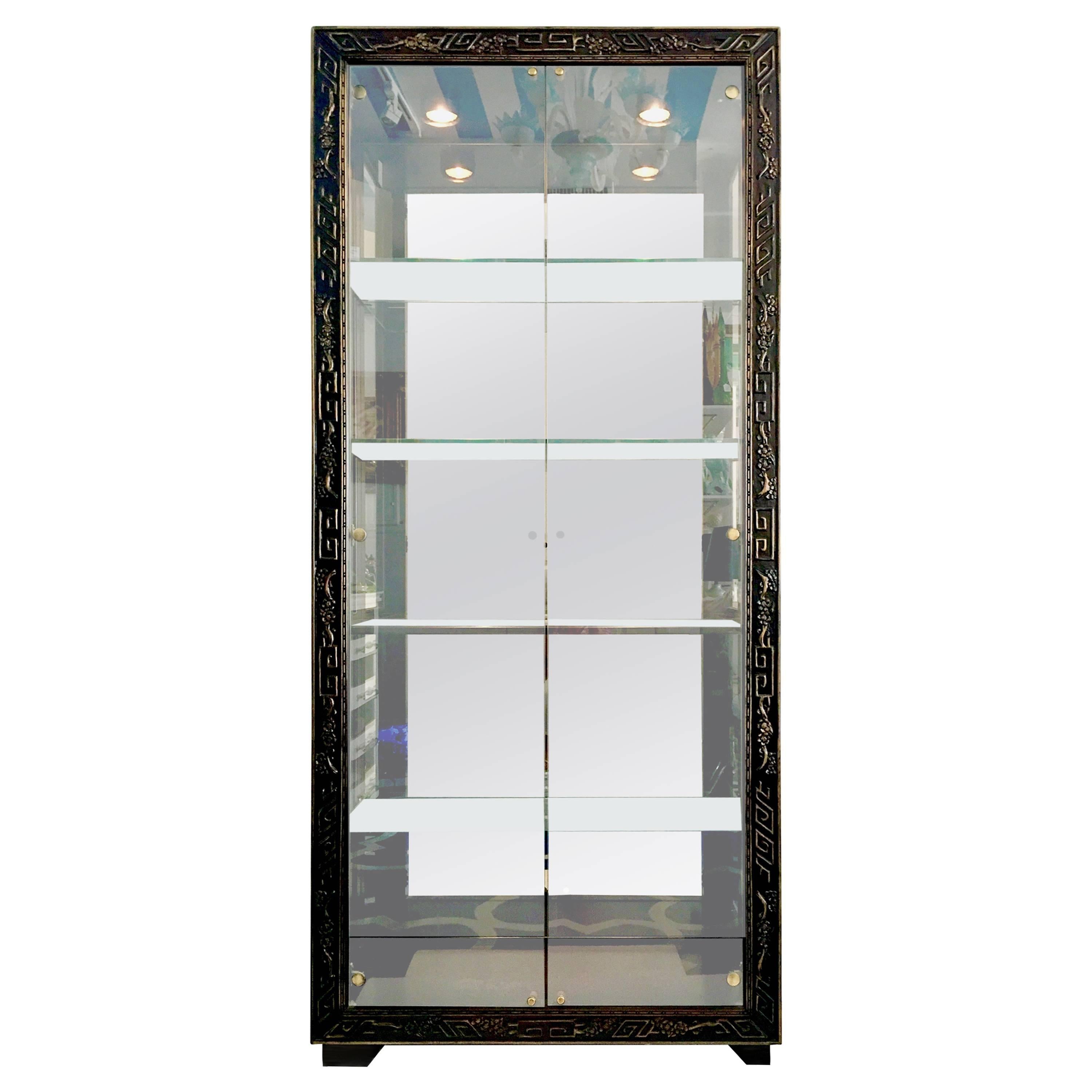 20th Century Lacquered Mahogany & Glass Electrified Etegere Cabinet By Henredon