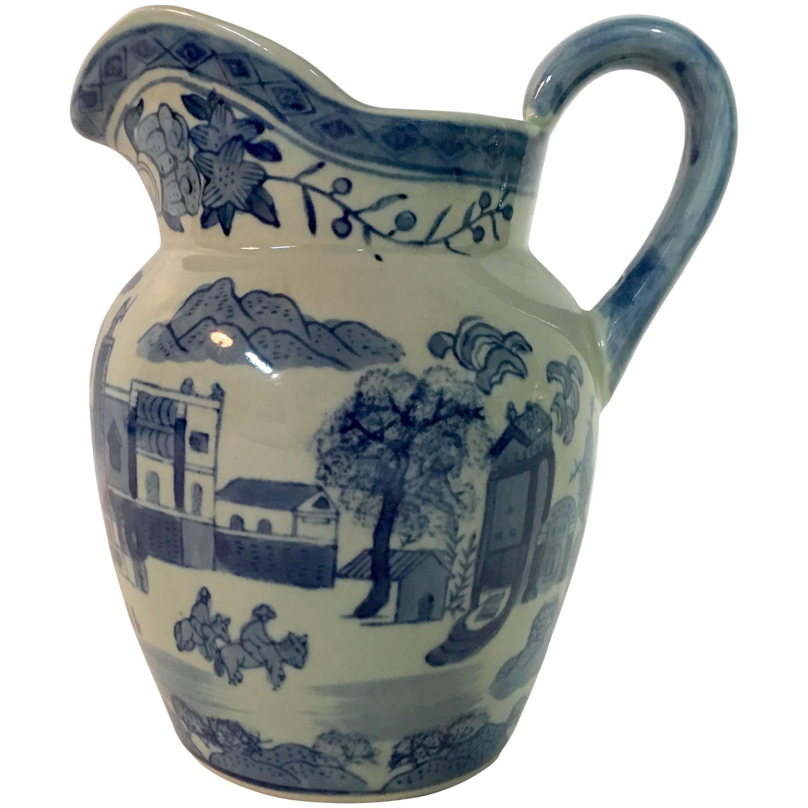 19th Century Asian Ceramic Glaze Blue & White Celadon Beverage Pitcher For Sale