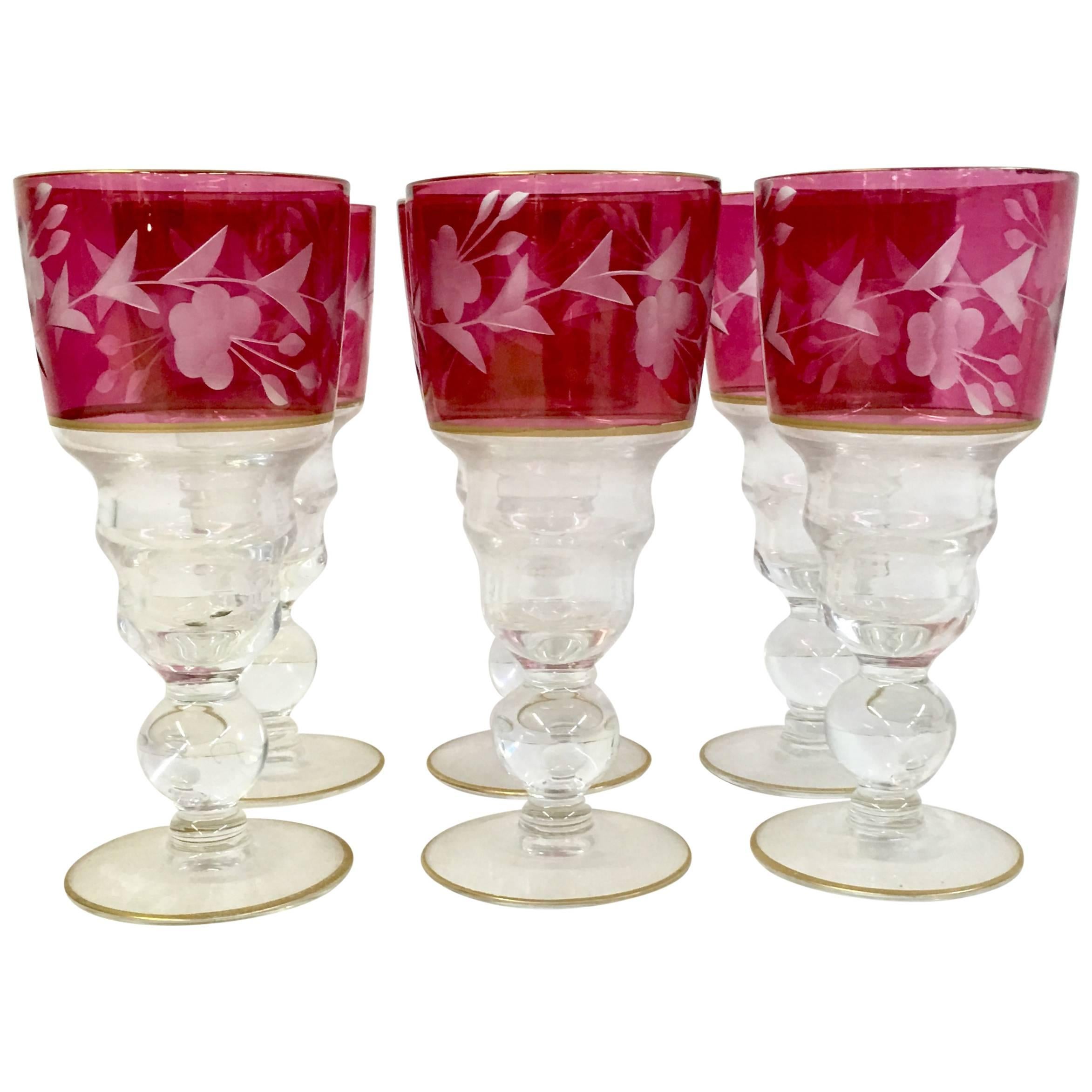 Mid-20th Century Etched Crystal & 22k Gold Cranberry Cordial Glasses S/6 For Sale
