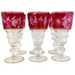 Mid-20th Century Etched Crystal & 22k Gold Cranberry Cordial Glasses S/6