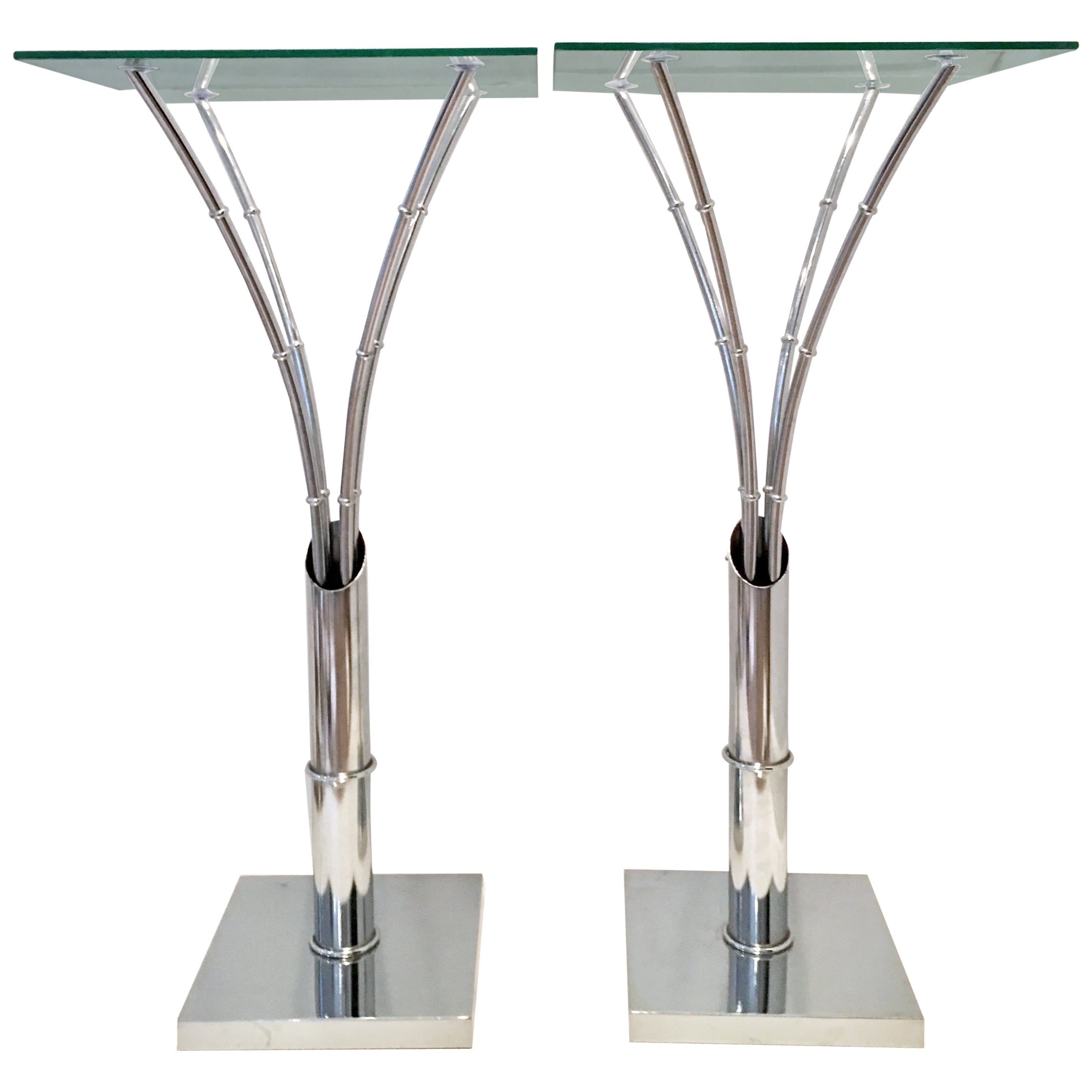 1970s Pair Of Tall Chrome And Glass Faux Bamboo Side Tables