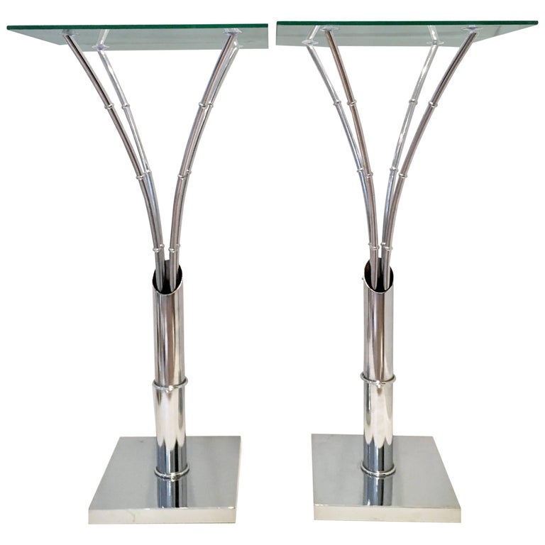 1970s Pair of Tall Chrome and Glass Faux Bamboo Side Tables at 1stDibs