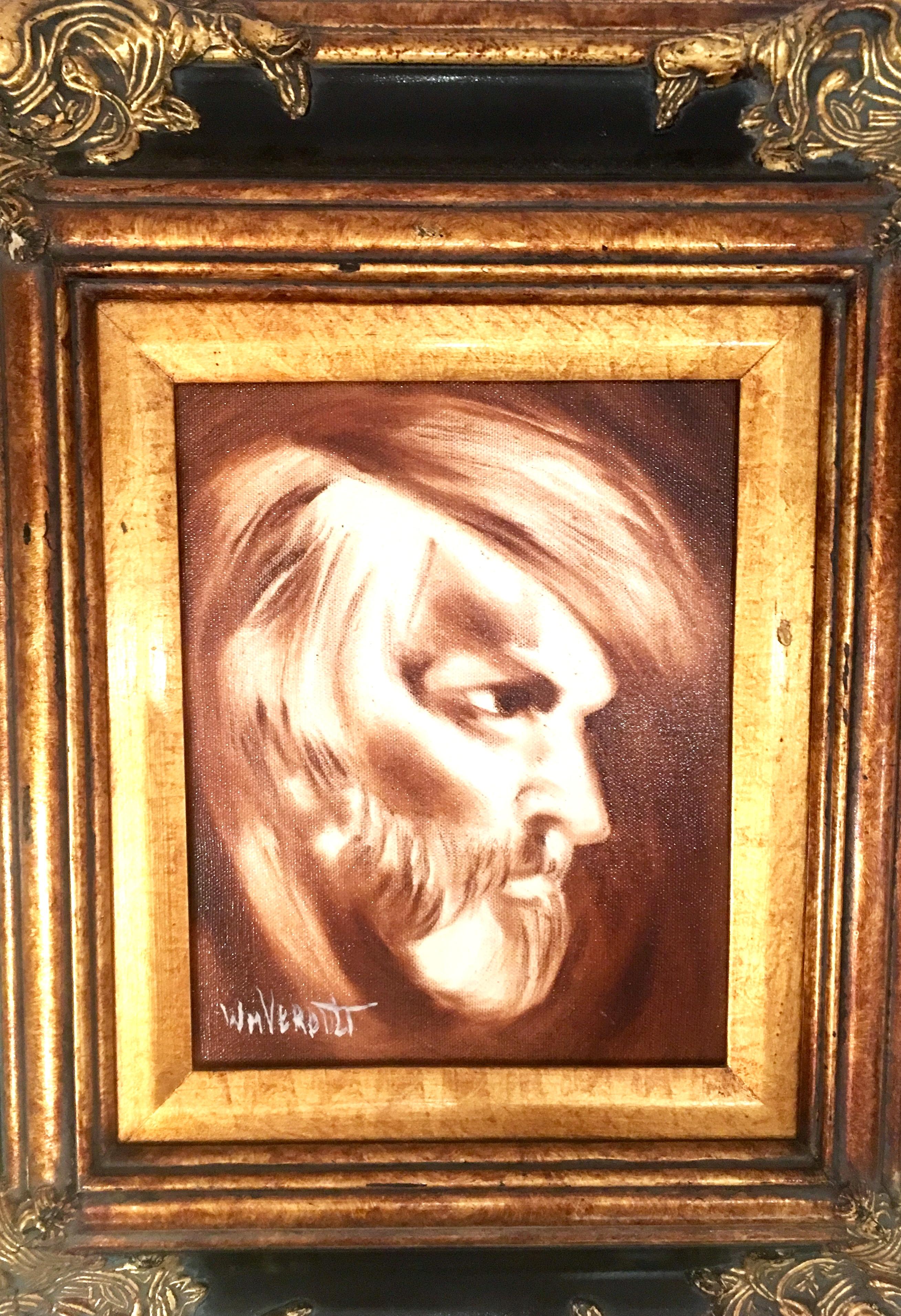 20th Century original oil on canvas painting by, William Verdult. Untitled bearded male portrait, features a monochromatic palette. Most likely a self portrait of William Verdult. Framed in an elaborate and exceptionally crafted hand carved gilt