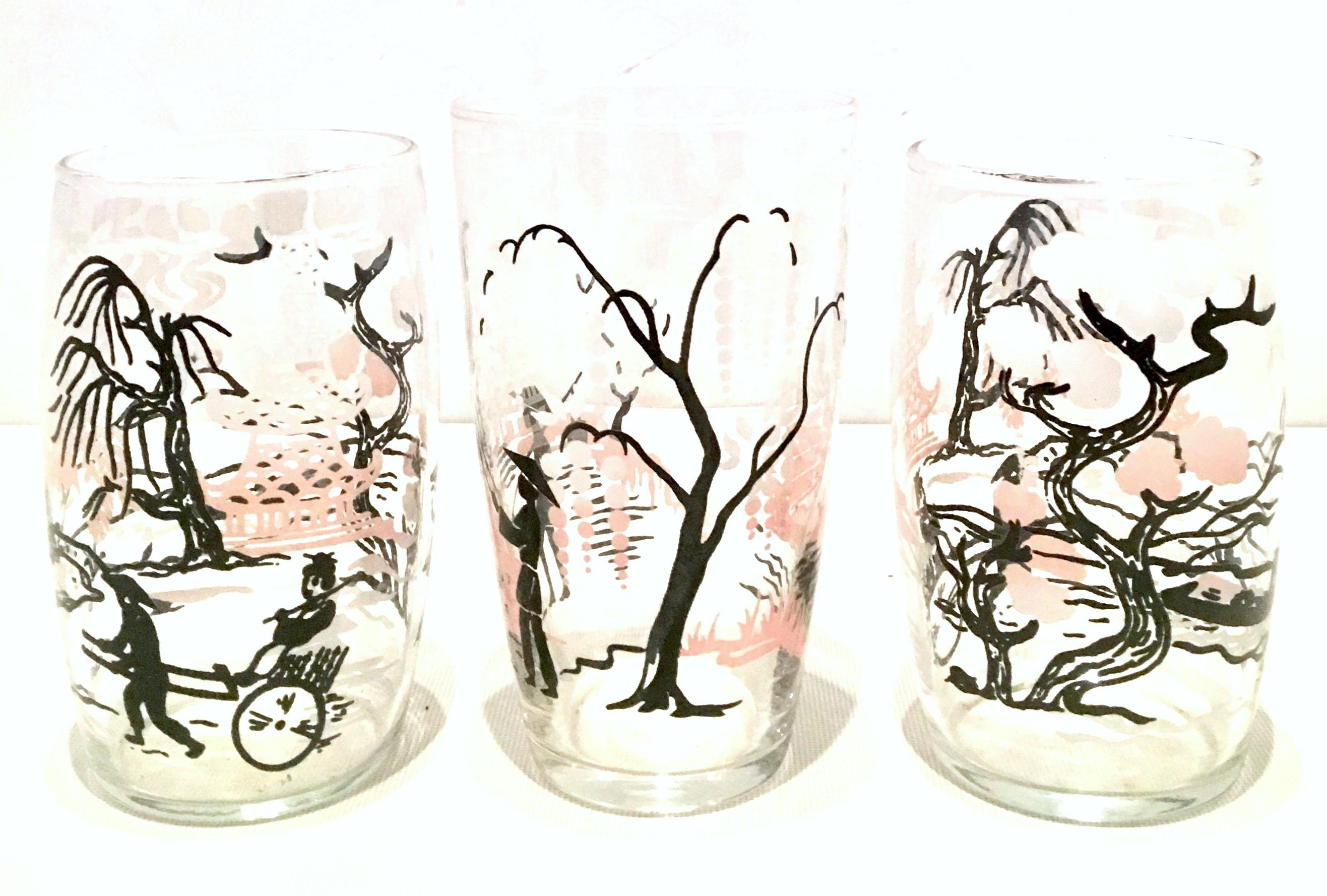 20th Century Chinoiserie Style Printed Glass Drinks Set/8 3