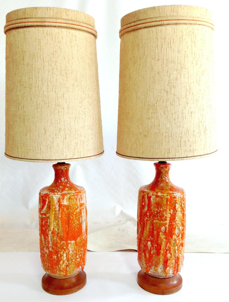 MidCentury Modern Pair of Monumental Ceramic Drip Glaze Table Lamps