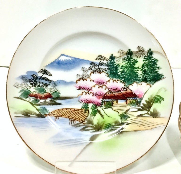 1950s Japanese Hand Painted Moriage Porcelain "Mt. Fuji" Dinnerware