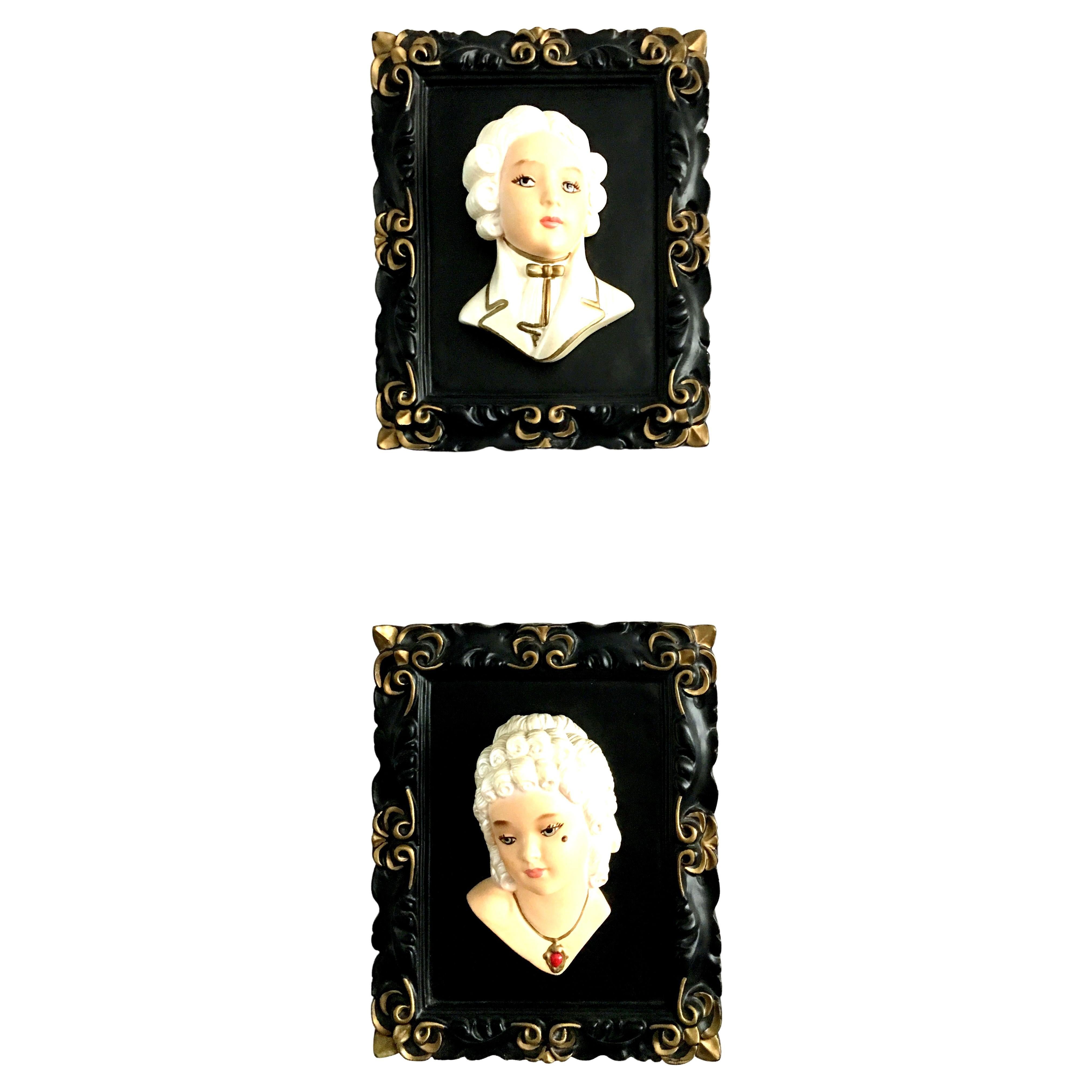 Mid-Century French Marie Antoinette & King Louis 3D Hand Painted Framed Plaques For Sale