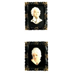 Vintage Mid-Century French Marie Antoinette & King Louis 3D Hand Painted Framed Plaques