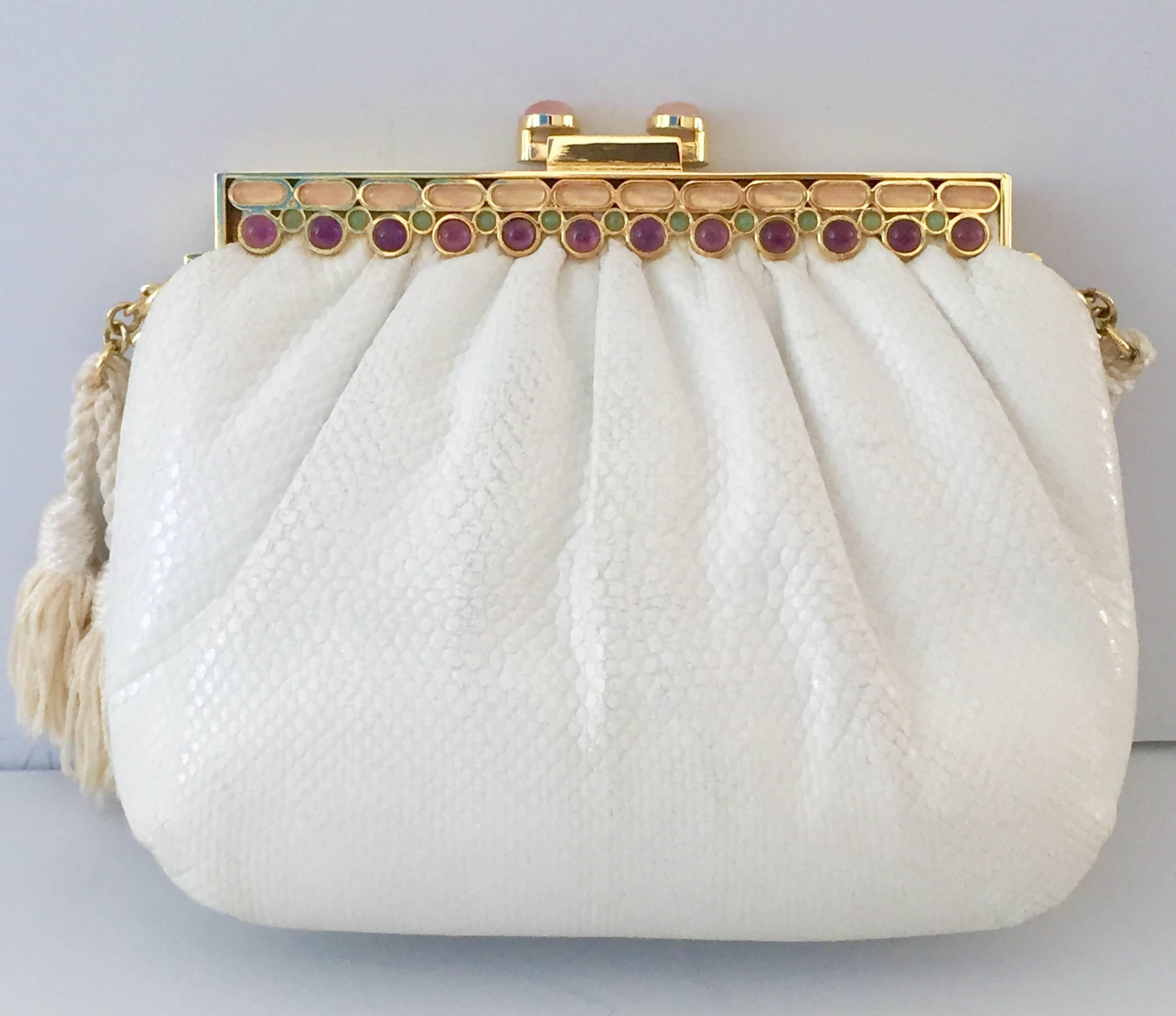 Judith Leiber Bejeweled White Lizard Handbag & Accessories Set In Excellent Condition In West Palm Beach, FL