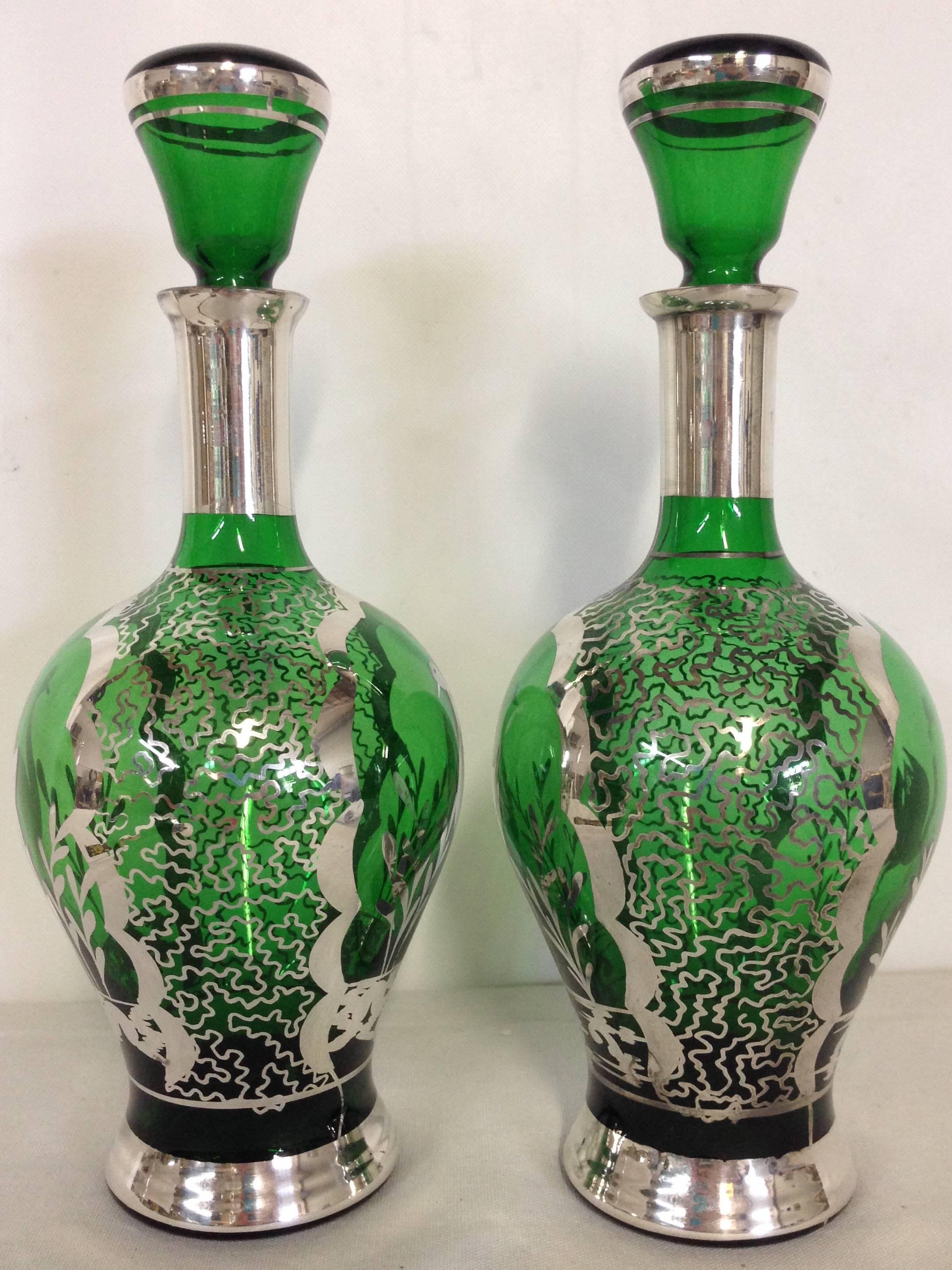 Art Nouveau Vintage Pair of Emerald and Silver-Overlay Art Glass Decanters