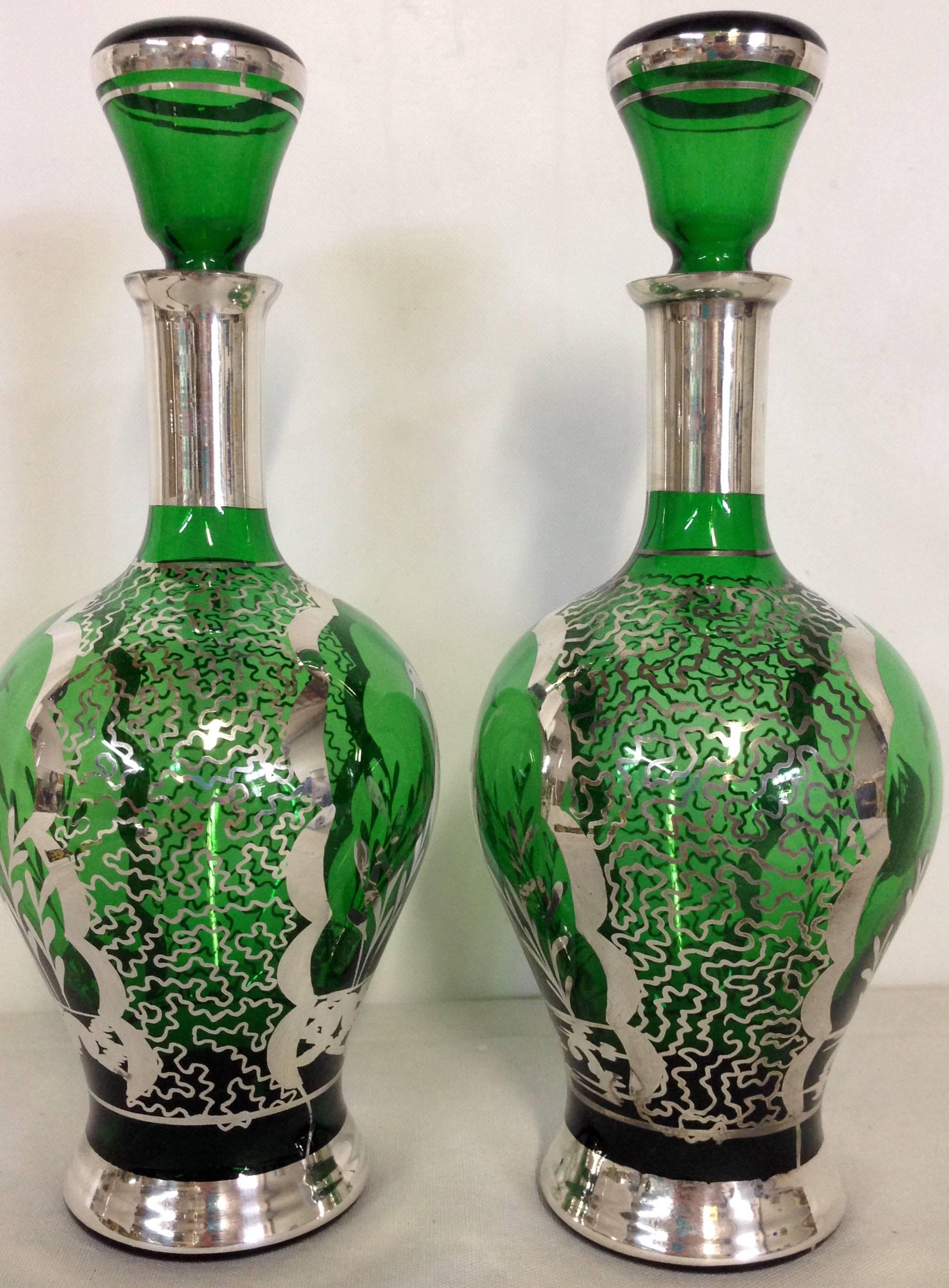 20th Century Vintage Pair of Emerald and Silver-Overlay Art Glass Decanters