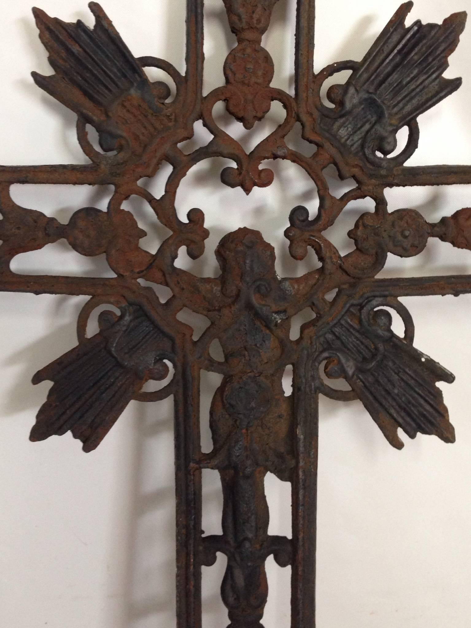 Silvered 20th Century Art Deco French Architectural Cast Iron Cross Crucifix  For Sale