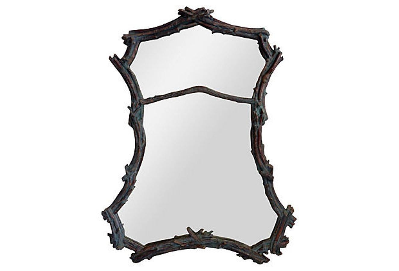 Incredible and rare extremely well executed 5 foot tall faux-bois mirror, painted  verdigris with deep blue/green and copper accents. Subtle semi gloss finish. Organic in shape. Heavy and sturdy ready to hang.