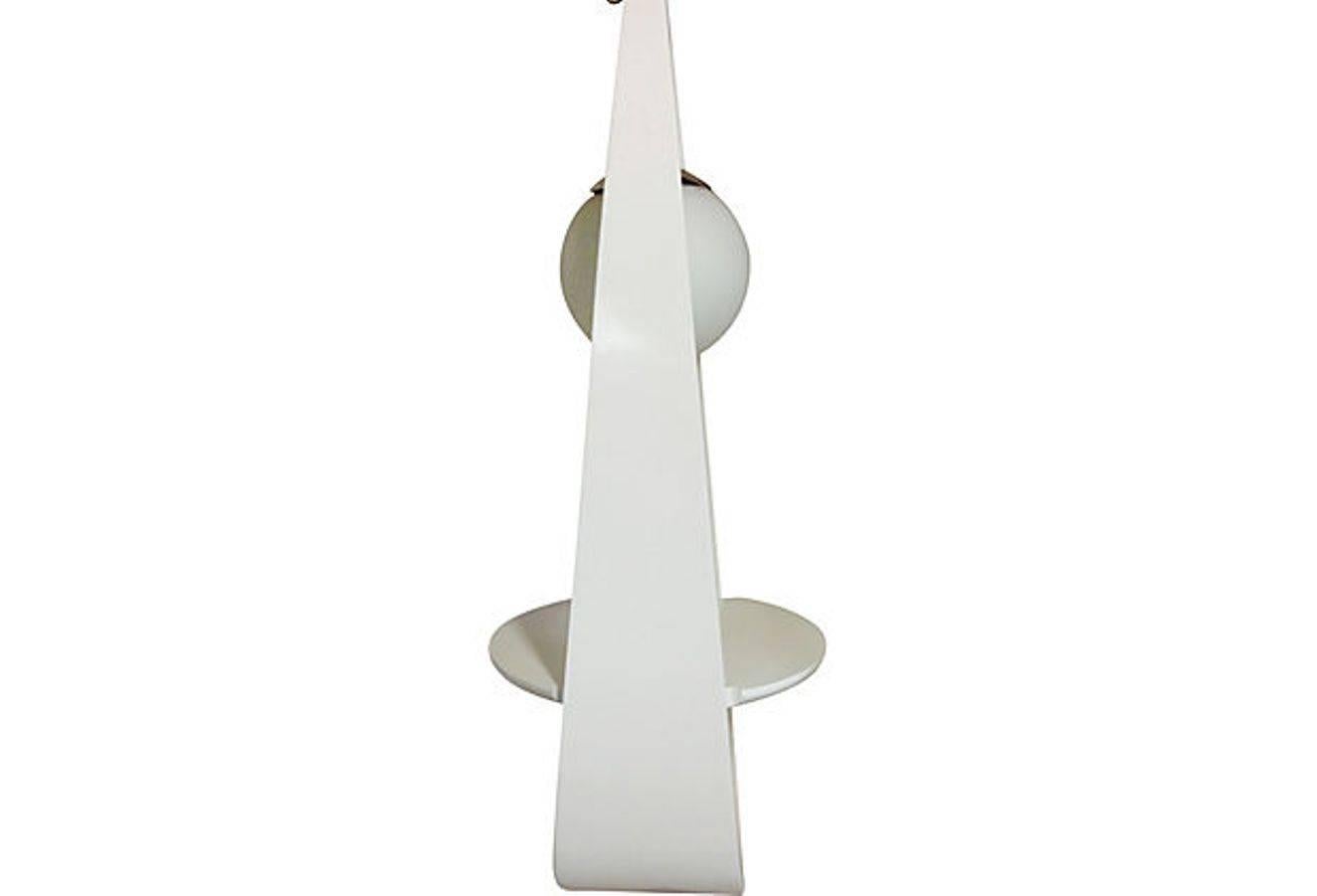 1970'S MOD Wood & Chrome Hanging Pendant Light By, Milo Baughman. This unique and coveted freshly painted the original bright white lacquer wood pendant light is teardrop and curved in shape with a built in 