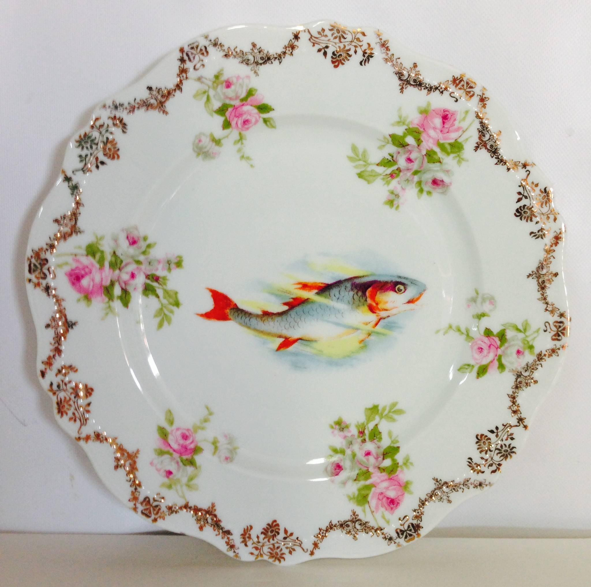 Antique Austrian Hand-Painted 22K Porcelain Fish Service, Set of 13 1