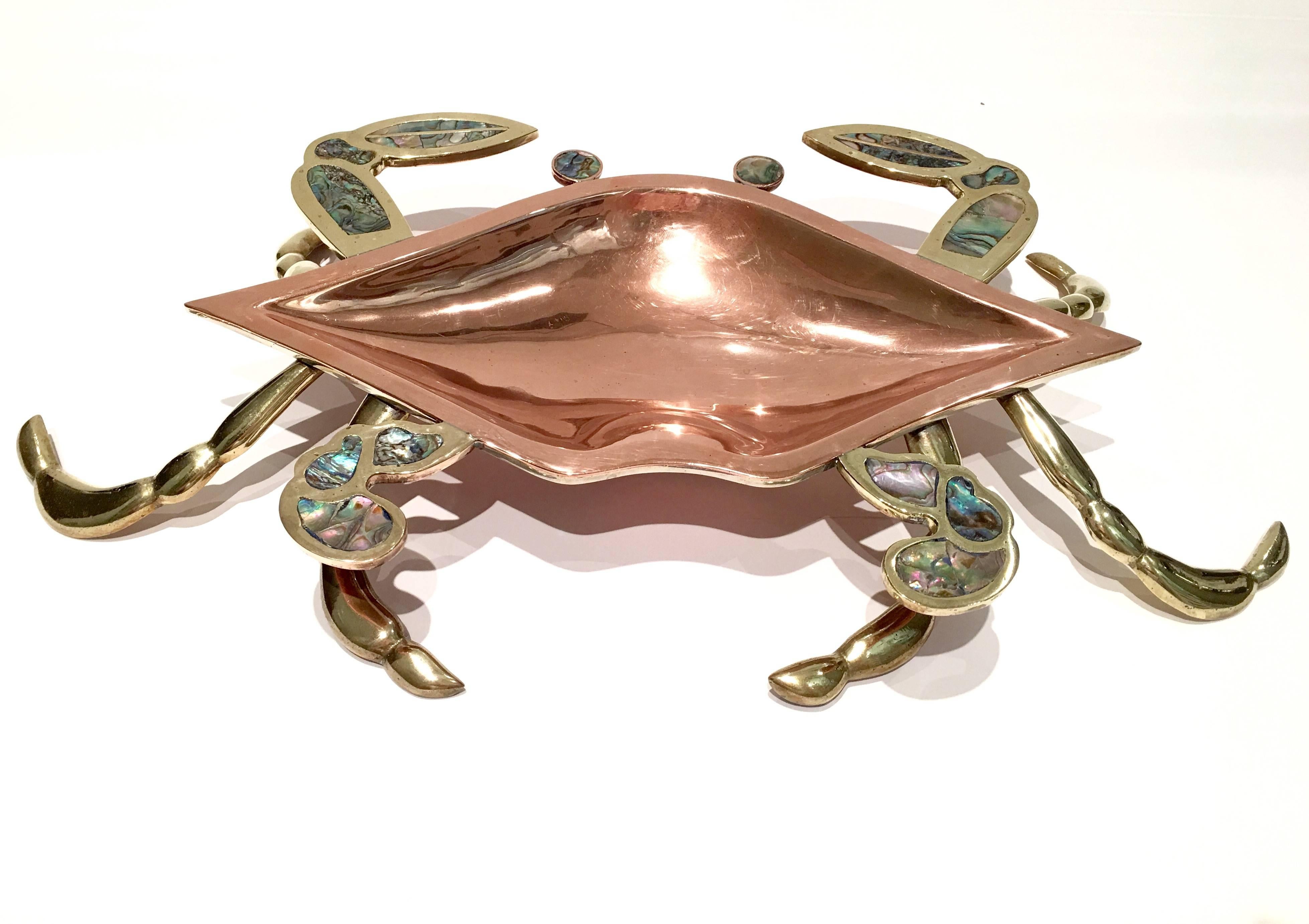 Incredibly preserved large copper, brass and abalone inlay crab serving bowl/tray and sculpture. Signed, F.C.S P MEXICO COBRE on the underside. The brass legs act as a stand. Pristine condition.