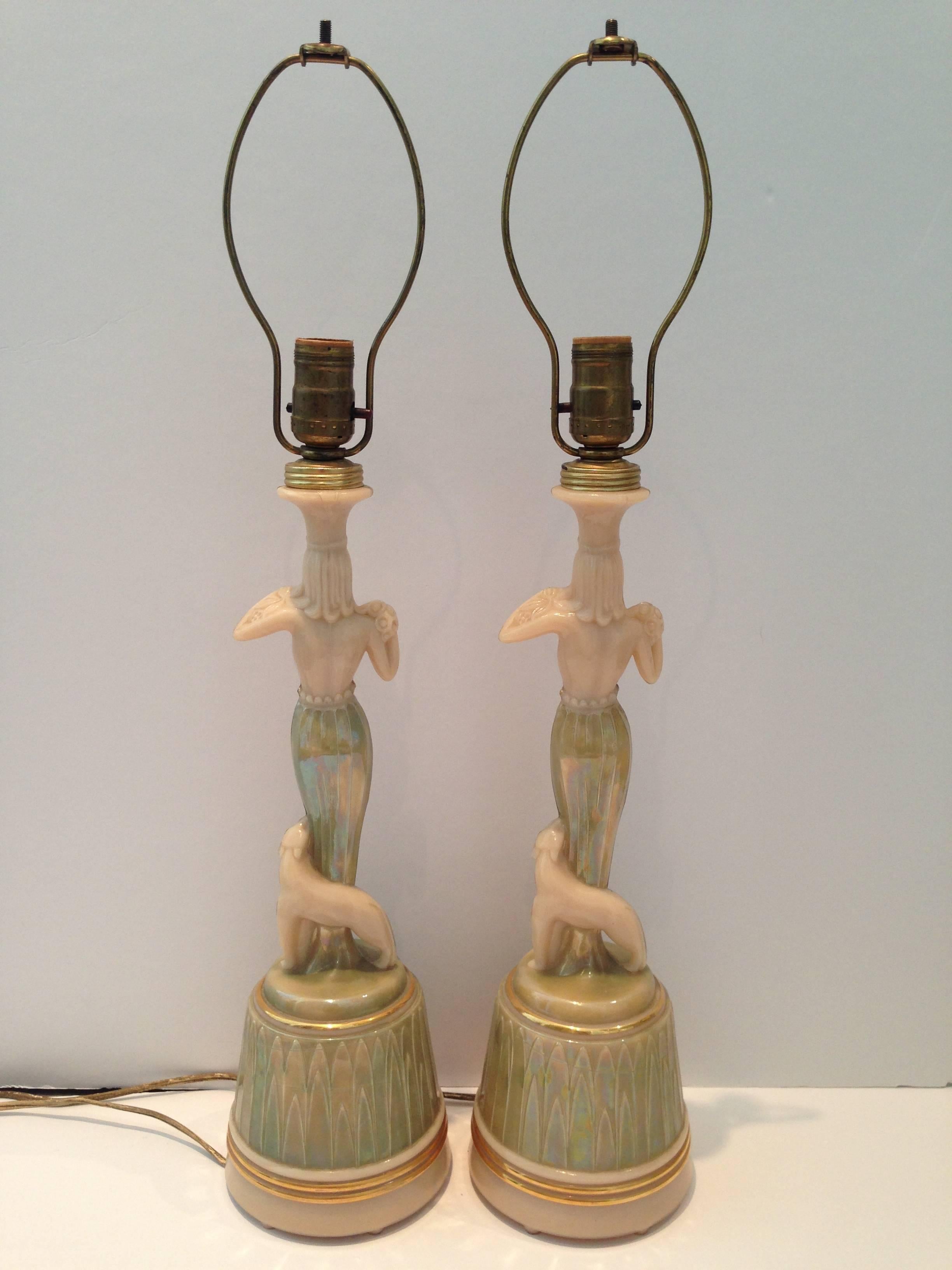 Pair of Art Deco Alacite Mermaid and Panther Lamps In Good Condition In West Palm Beach, FL
