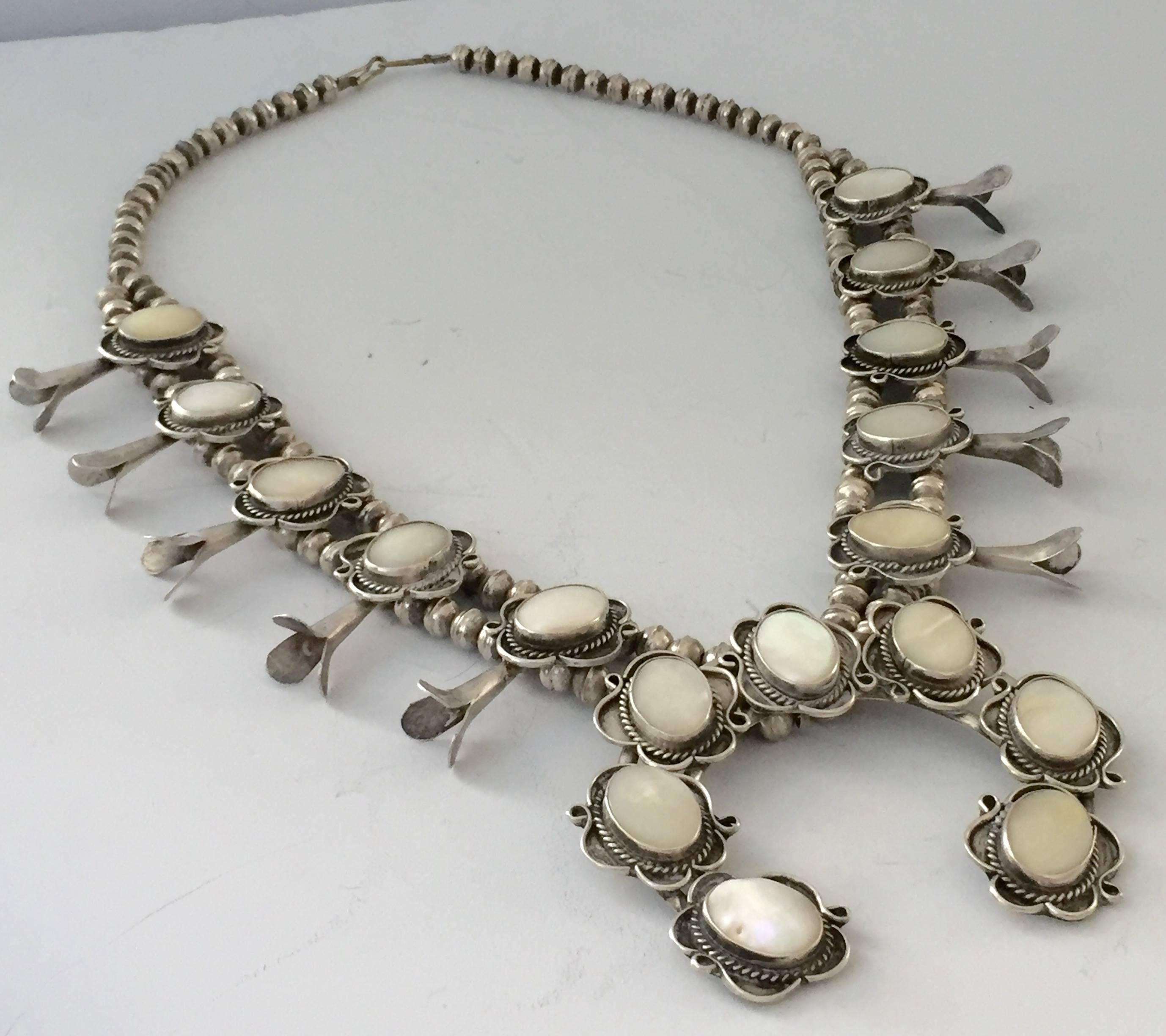 Signed, Navajo Mother-of-pearl Squash Blossom Necklace In Excellent Condition In West Palm Beach, FL