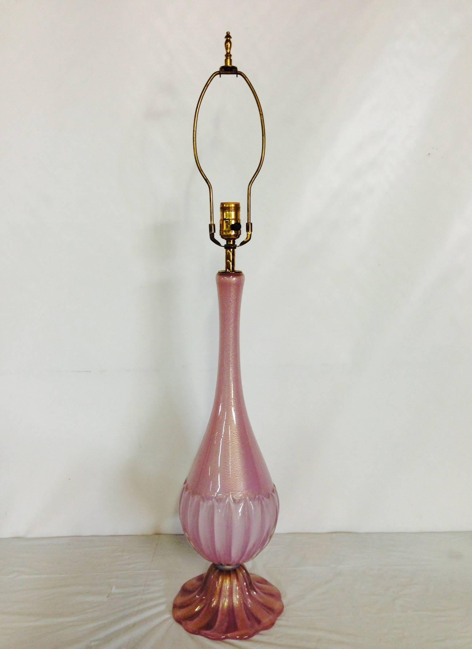 Italian 1960s Murano Glass Pink and Gold Dust Table Lamp
