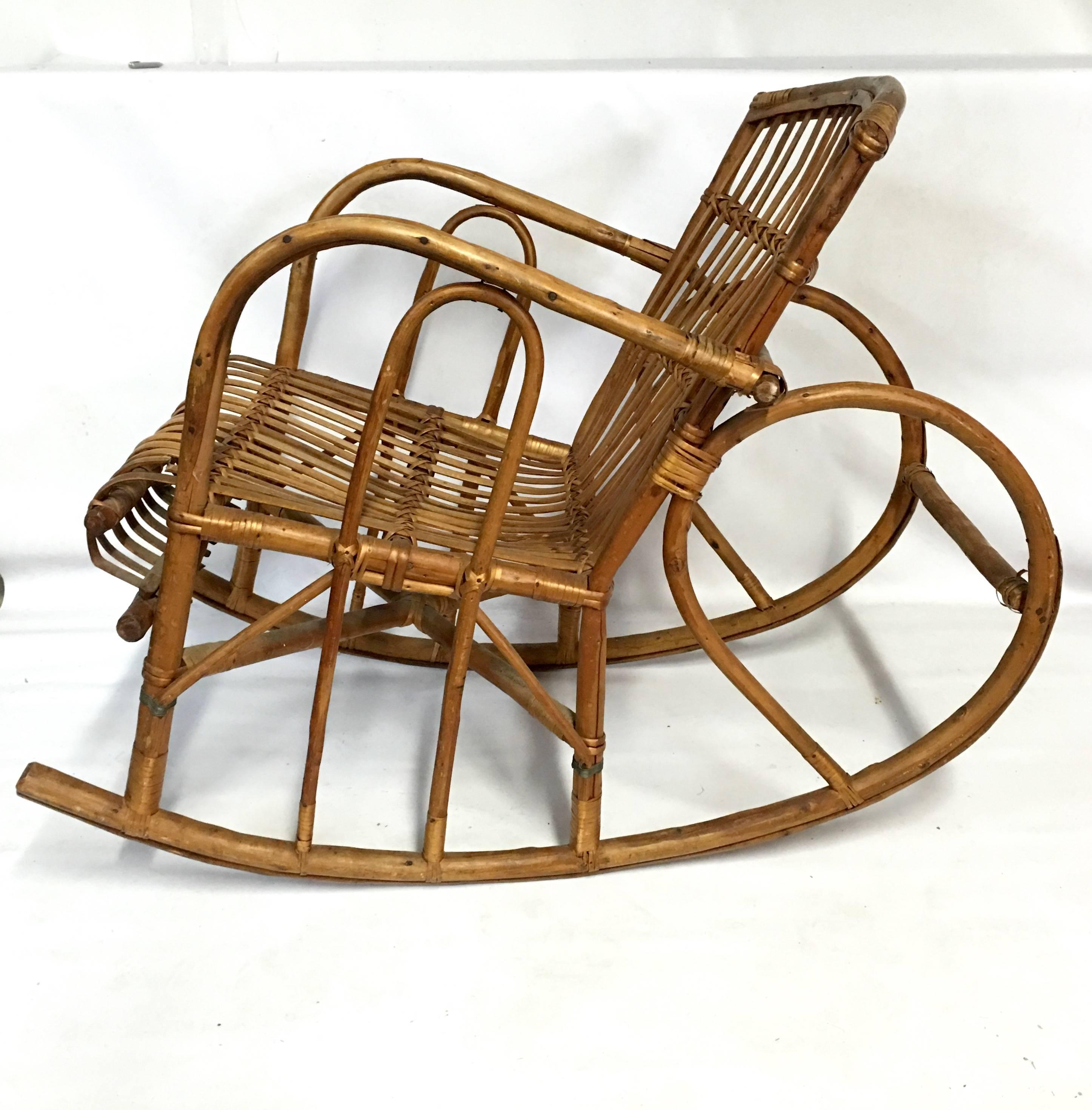 1960s Italian Franco Albini Style Rattan Rocking Chair In Excellent Condition In West Palm Beach, FL