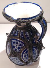 Vintage Morocco Ceramic Handled Pitcher with Silver Overlay