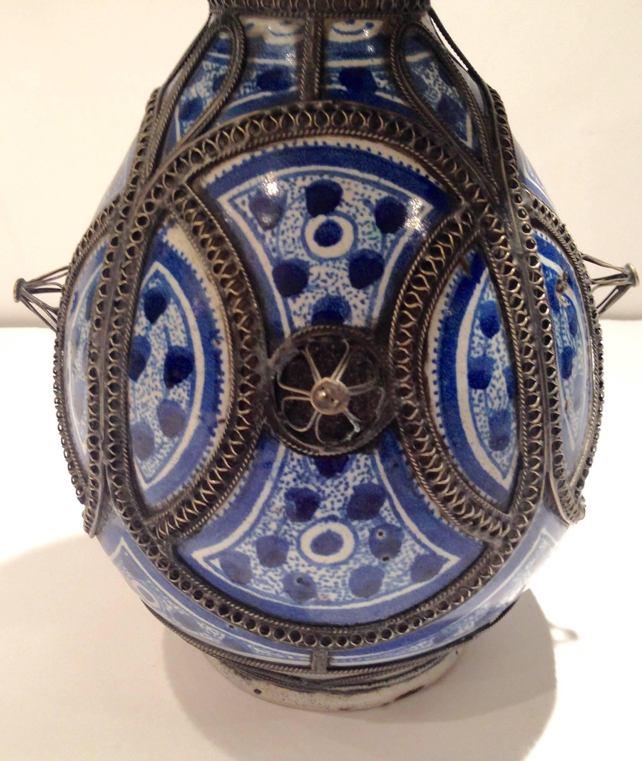 Moorish Vintage Morocco Ceramic Handled Pitcher with Silver Overlay