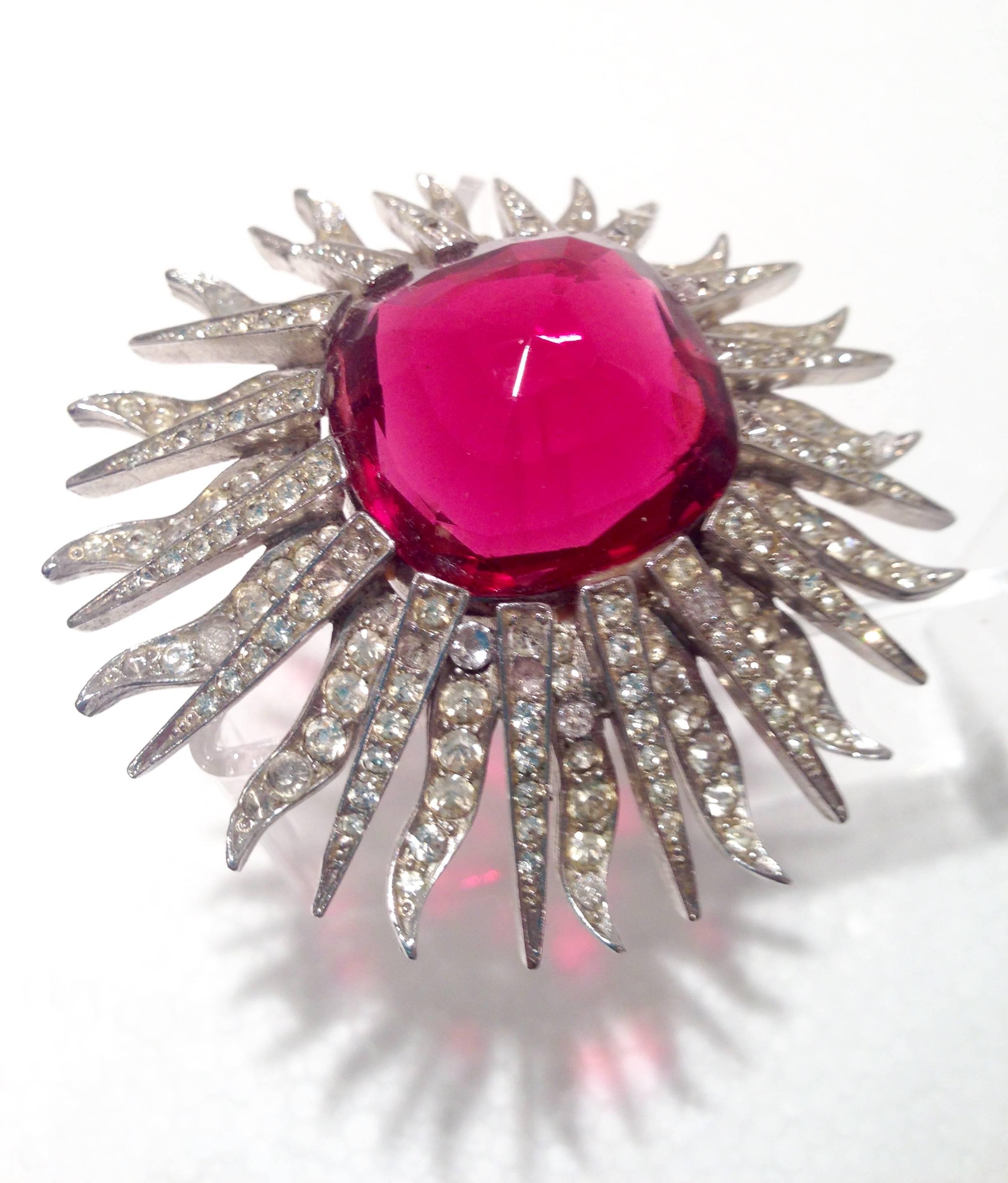Hollywood Regency Marcel Boucher Ruby Red Starburst Brooch, Signed