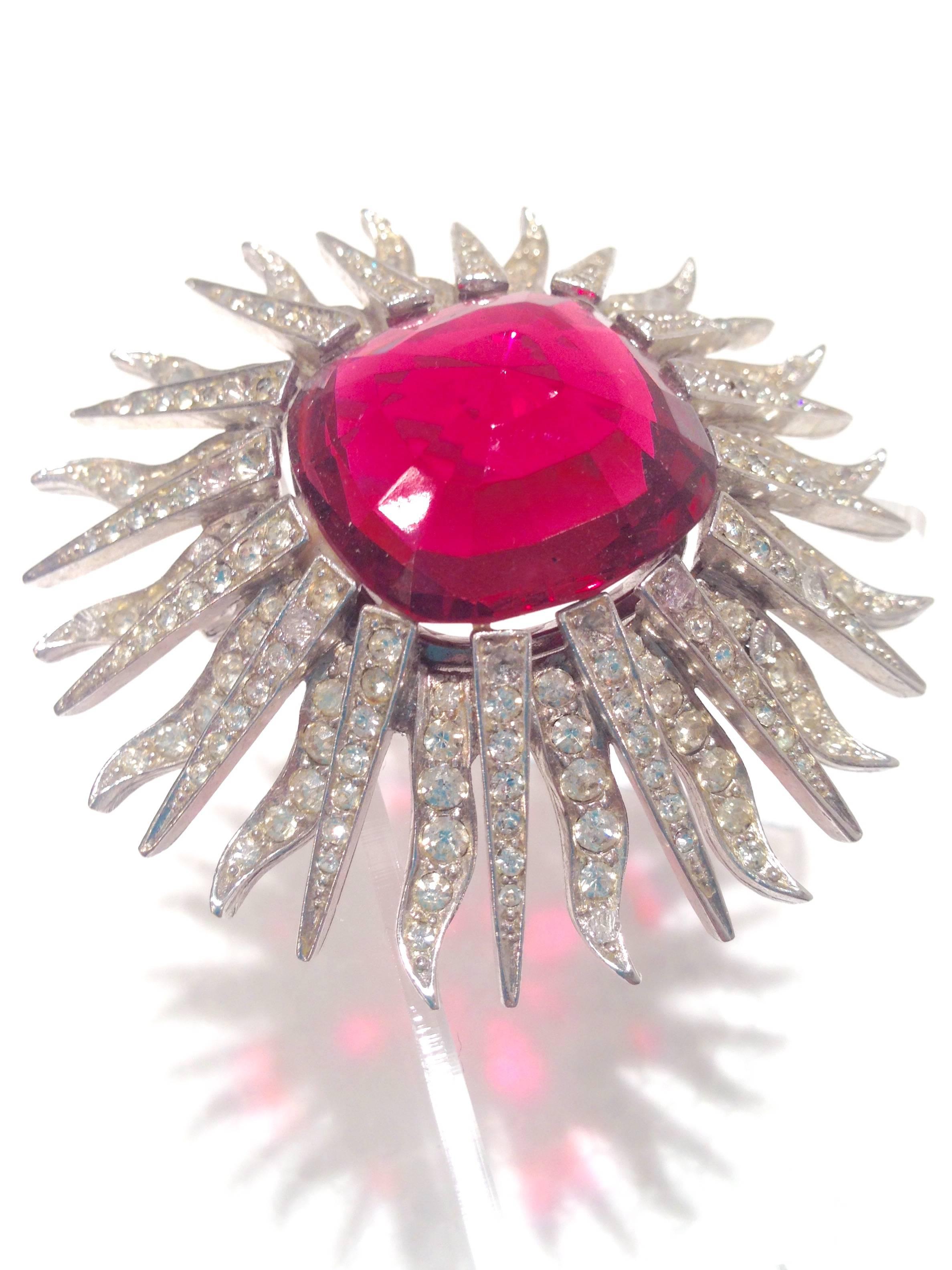 Gilt Marcel Boucher Ruby Red Starburst Brooch, Signed