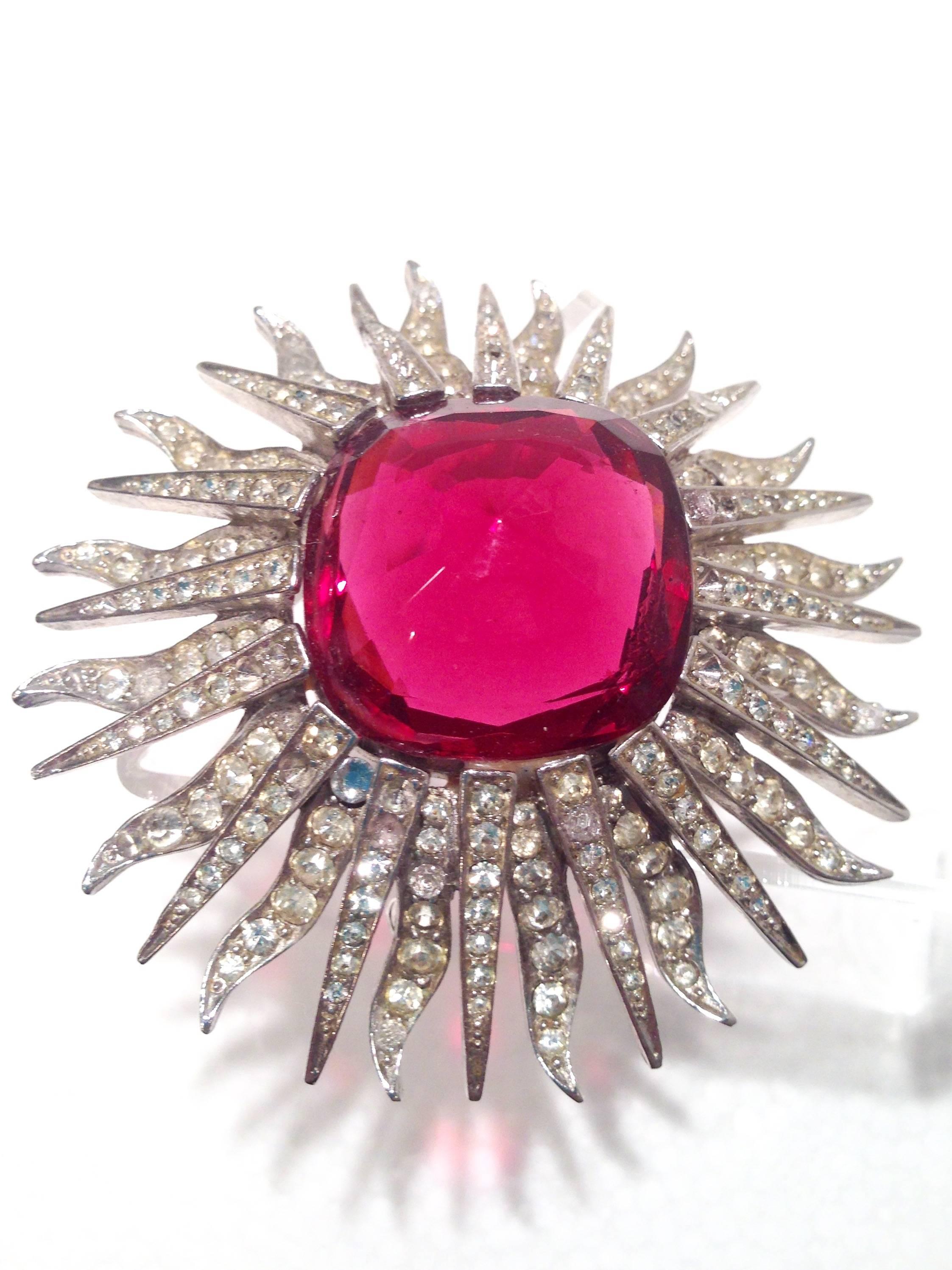 Marcel Boucher Ruby Red Starburst Brooch, Signed In Excellent Condition In West Palm Beach, FL