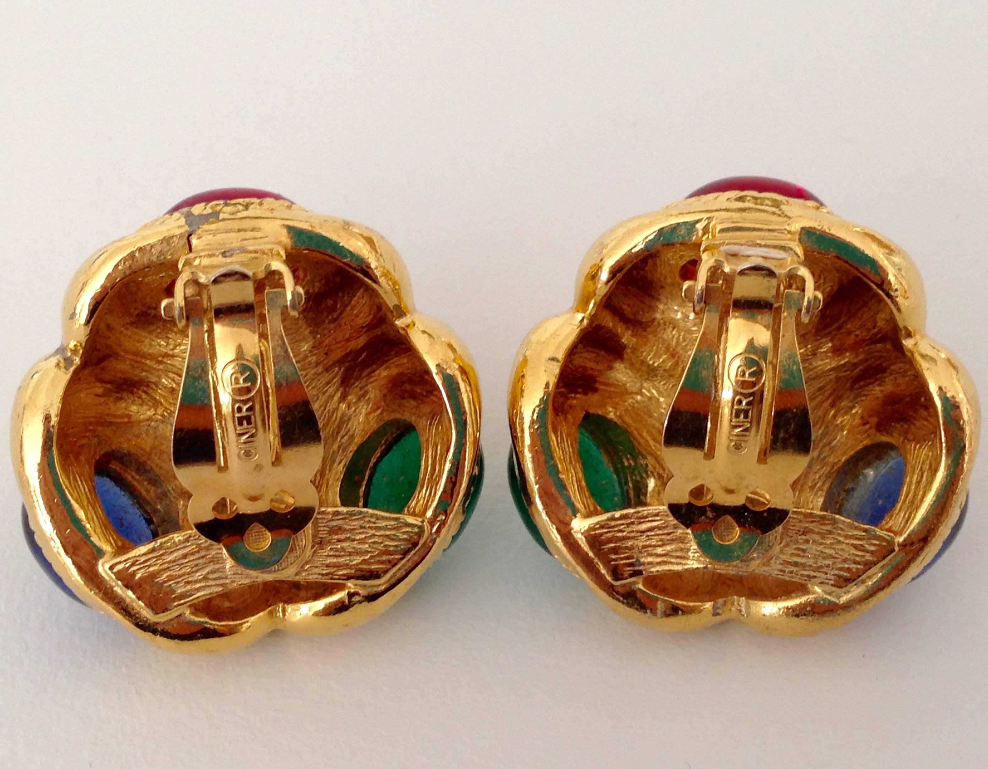 1980s Ciner Gold Plated Faux Pearl and Cabachon Set Glass Jem Stone Earrings 2