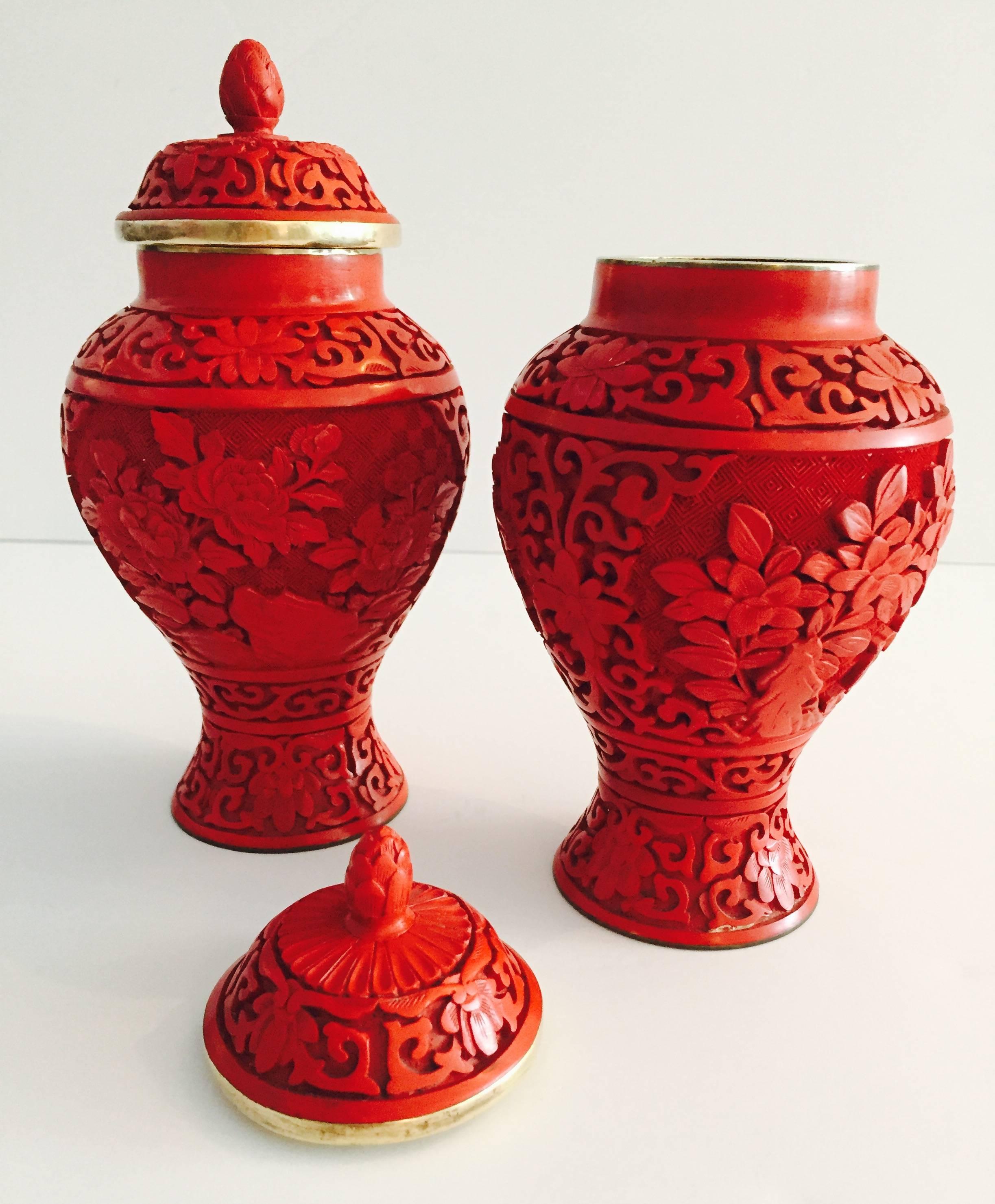 Chinoiserie Pair of Chinese Cinnabar and Cloisonné Lidded Jars
