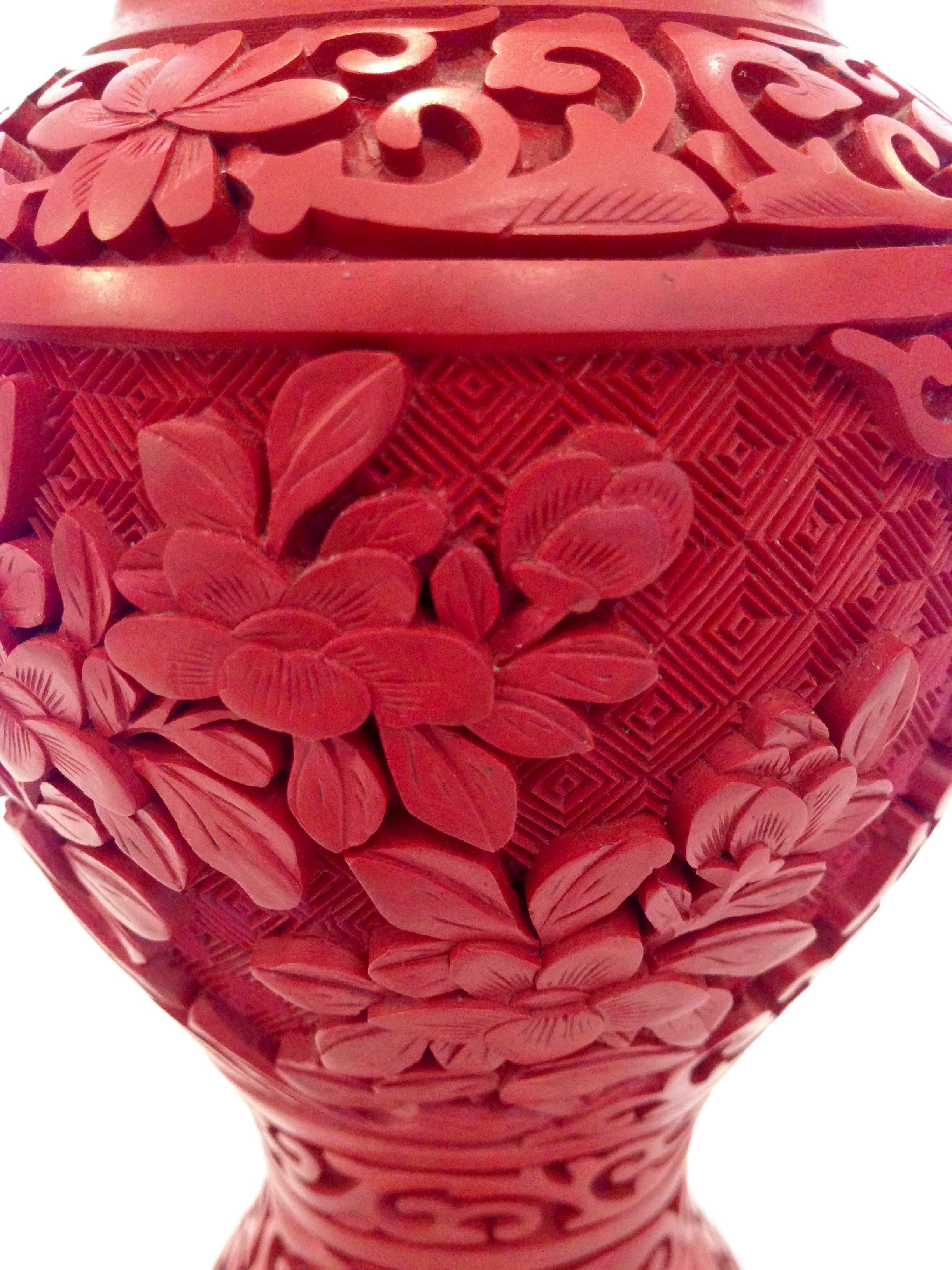 Pair of Chinese Cinnabar and Cloisonné Lidded Jars In Excellent Condition In West Palm Beach, FL