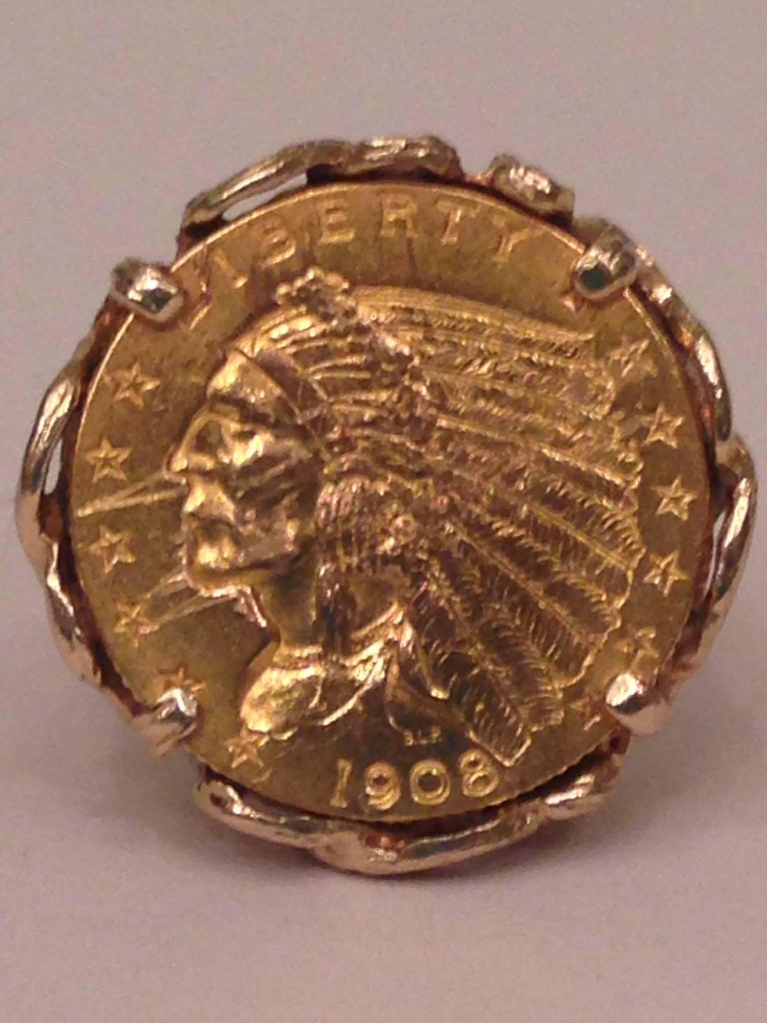 1908 Indian head Liberty gold coin set in a 14-karat yellow gold ring with latticework band. Size: 4. Total weight: 10 grams. Interior engraved stamped 14-karat with the maker initials RM. Coin, 1.75