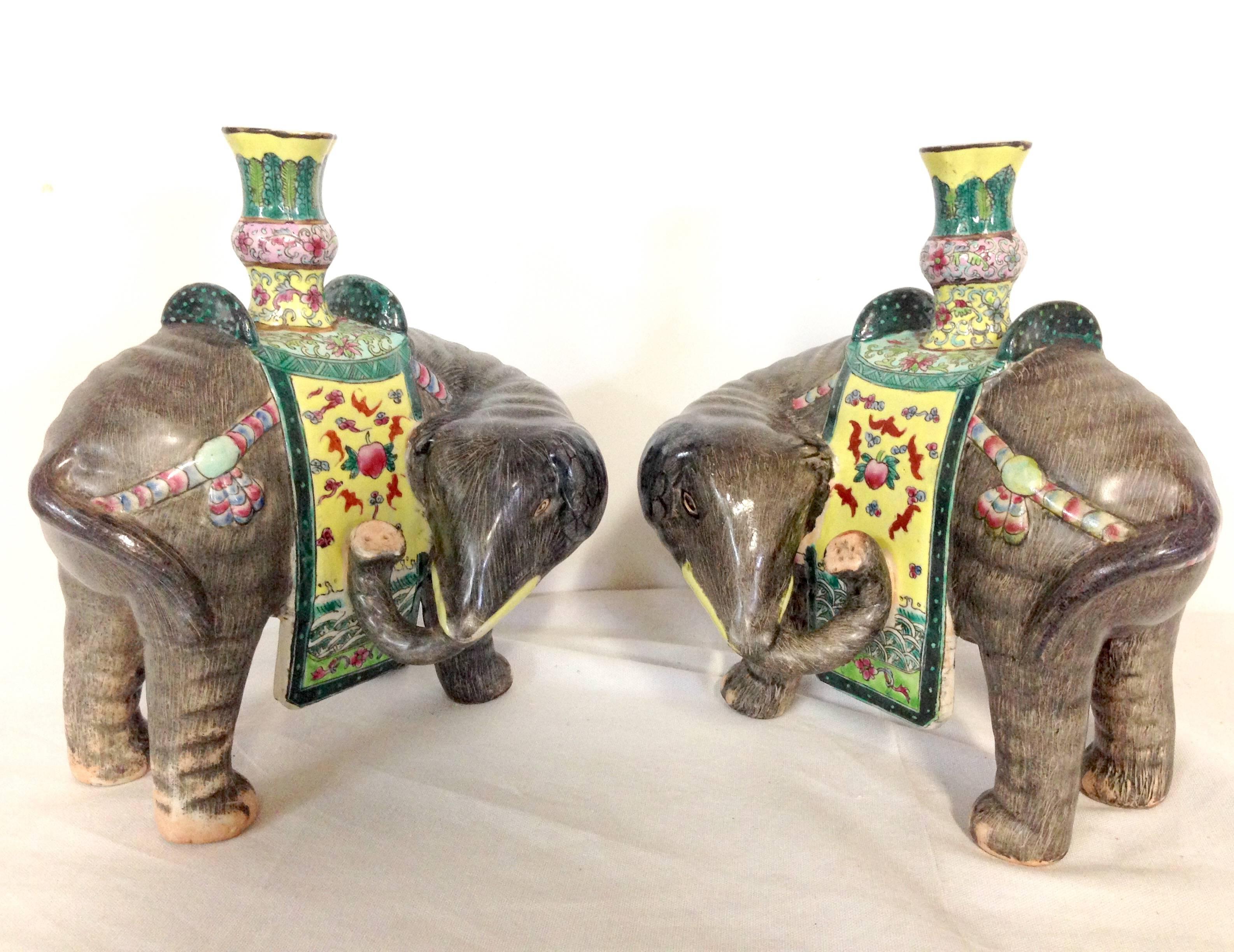 Chinese 19th Century Pair of Porcelain Famille Elephant Candlesticks