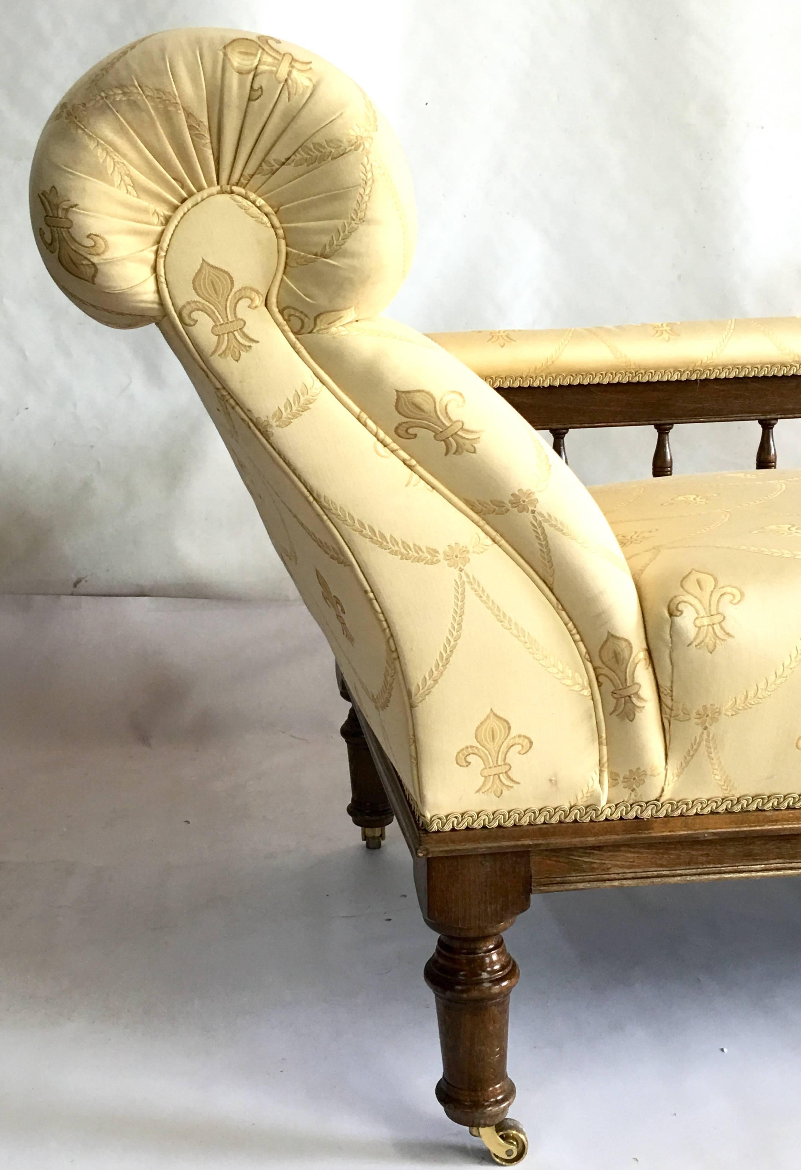 Brass 1940's English Regency Upholstered Walnut Chaise Lounge