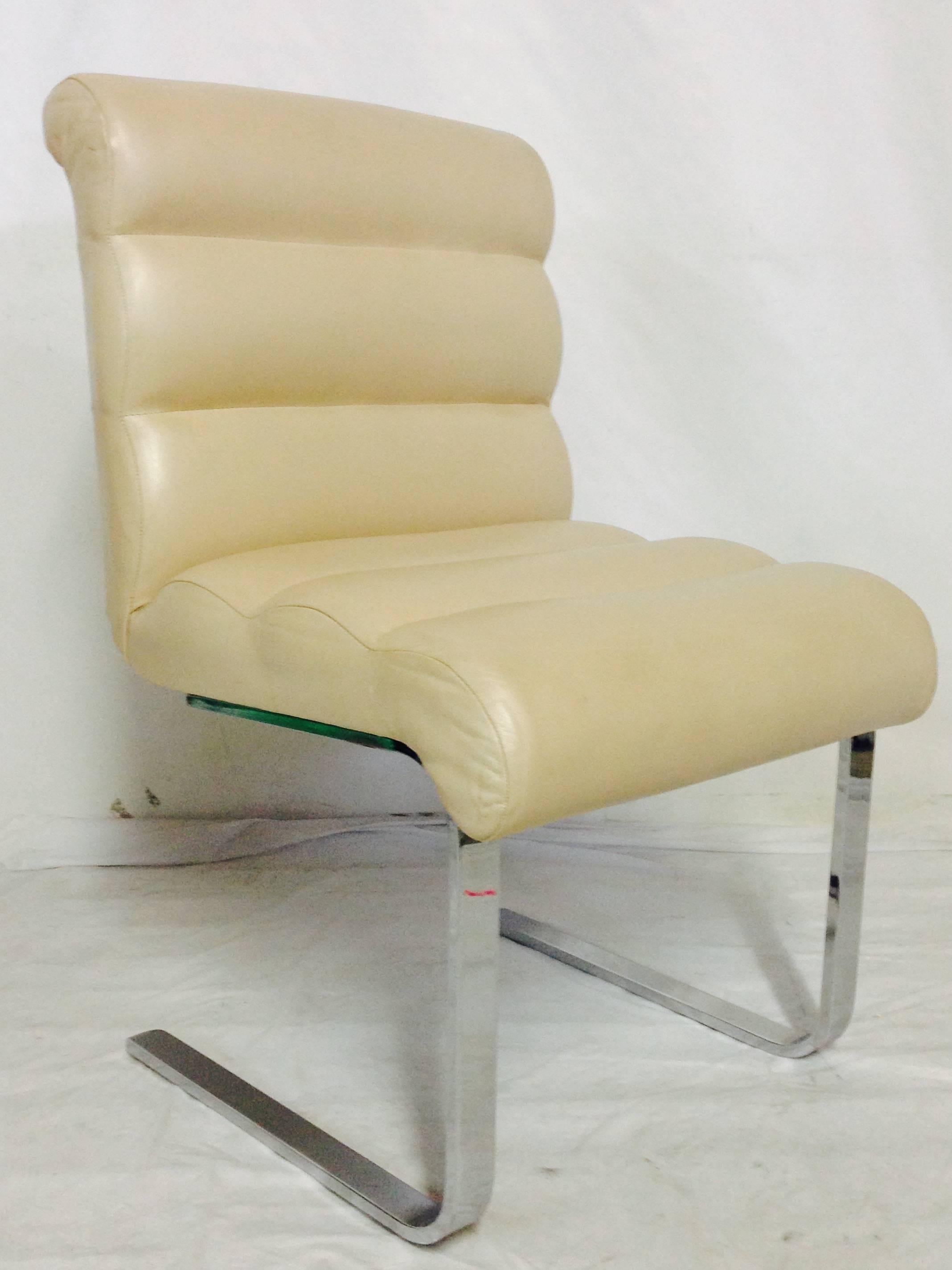 Mid-Century Modern 1970s Mariani Lugano for Pace Collection Leather and Chrome Flat Bar Chair S/4