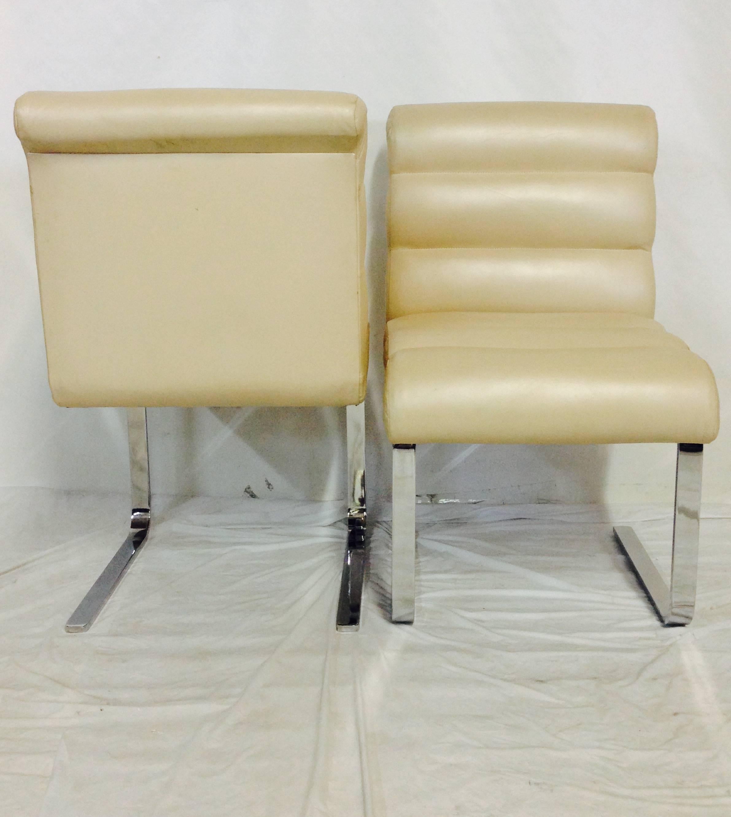 Late 20th Century 1970s Mariani Lugano for Pace Collection Leather and Chrome Flat Bar Chair S/4