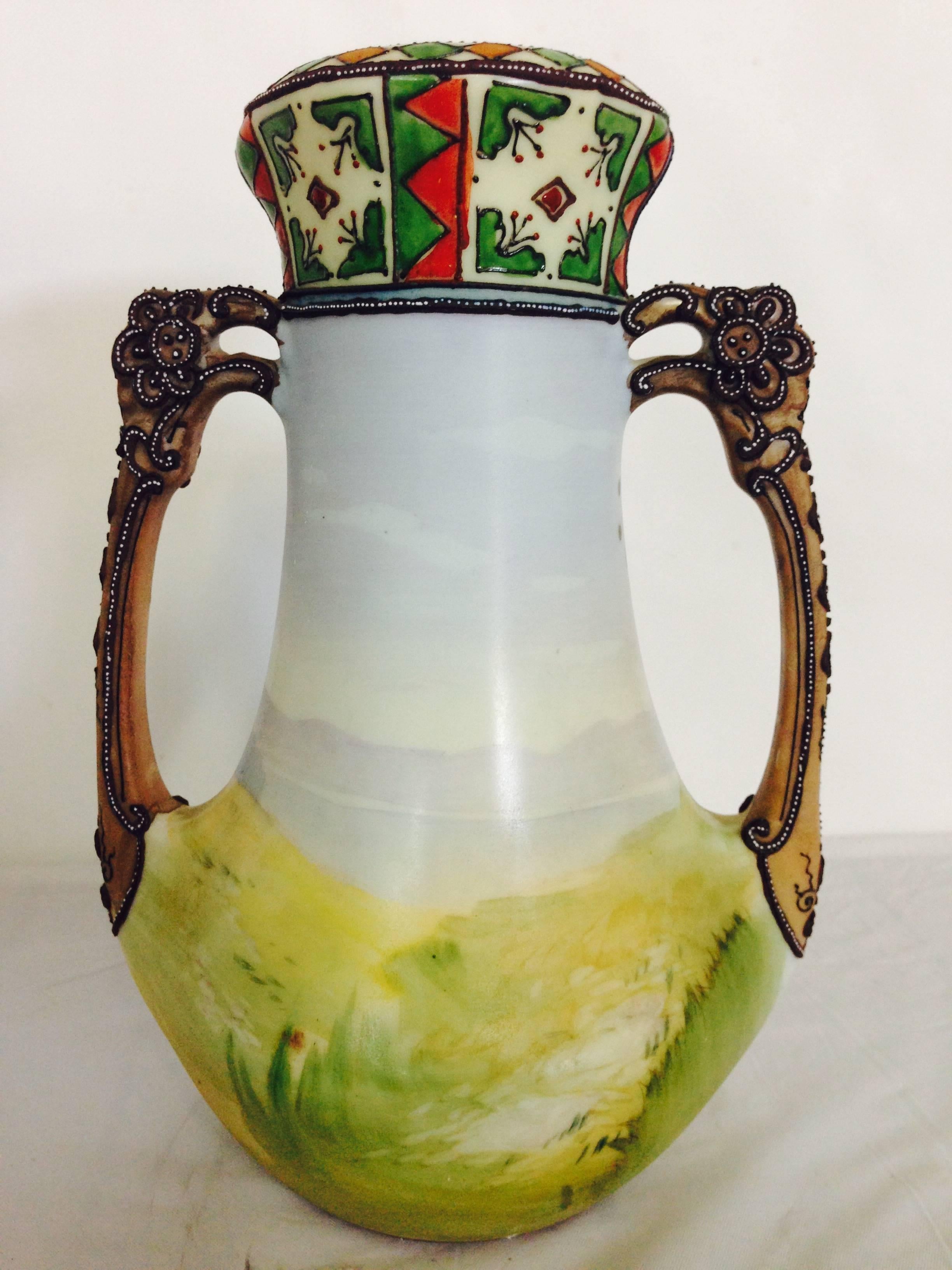 Hand-Painted Japanese Morimura Moriage Two Handle Vase
