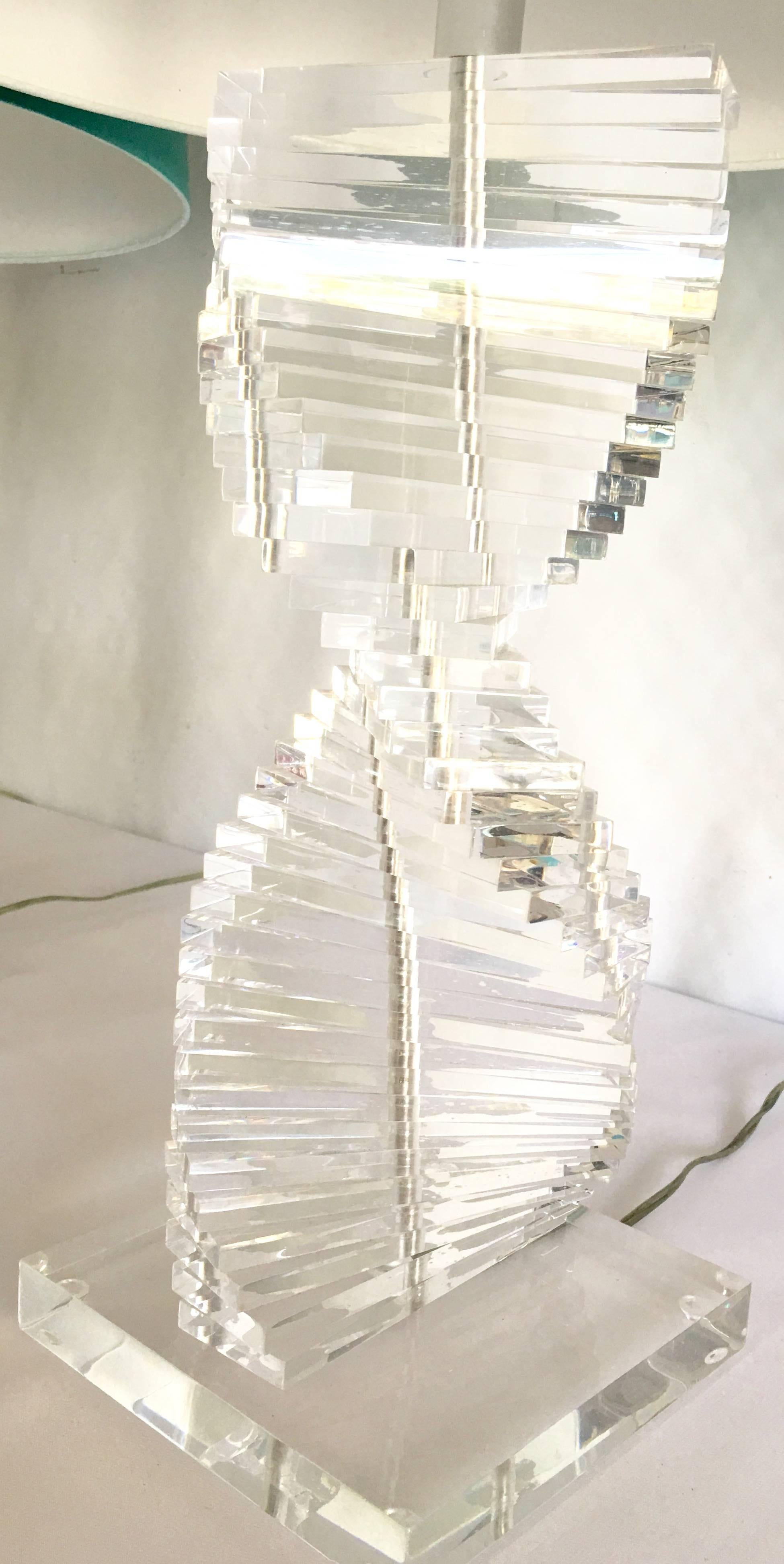 American Pair of 70's Karl Springer Style Lucite Spiral Lamps with Shades