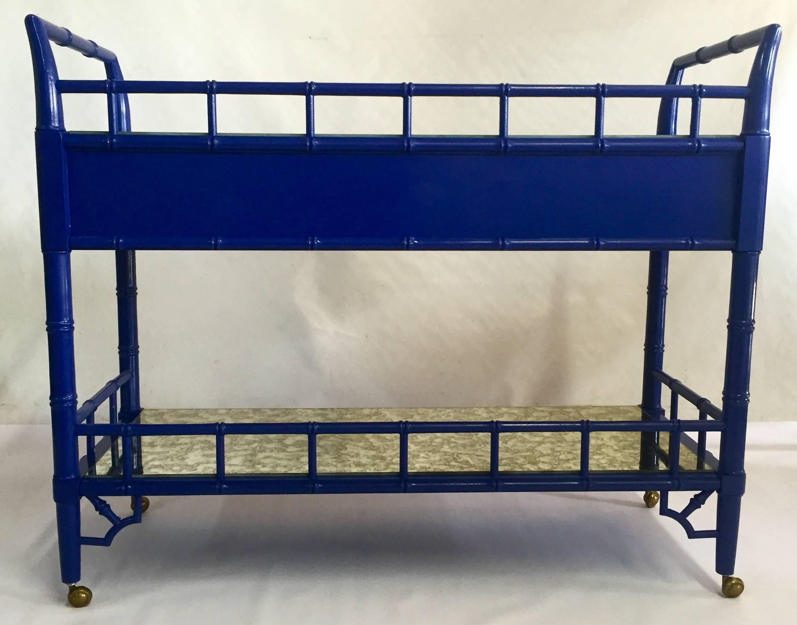 Hollywood Regency 1970s Faux Bamboo Blue Lacquered Server Cart