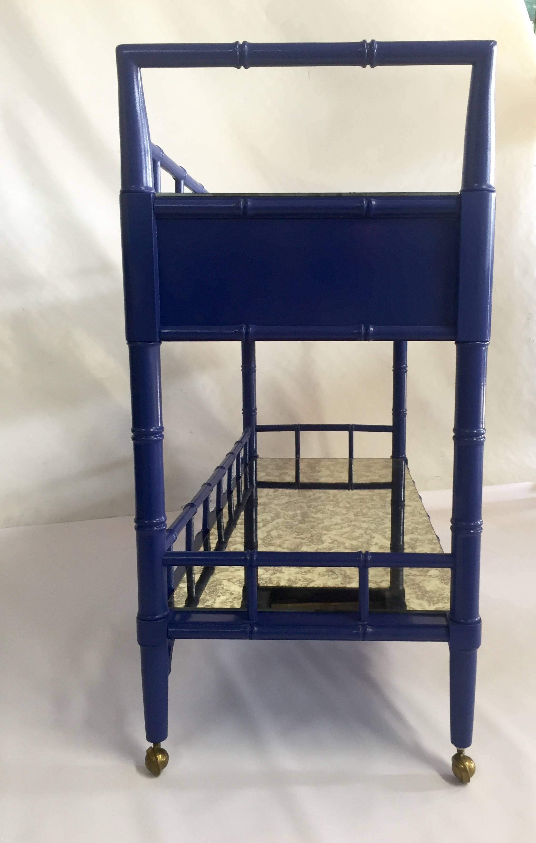 1970s Faux Bamboo Blue Lacquered Server Cart In Excellent Condition In West Palm Beach, FL