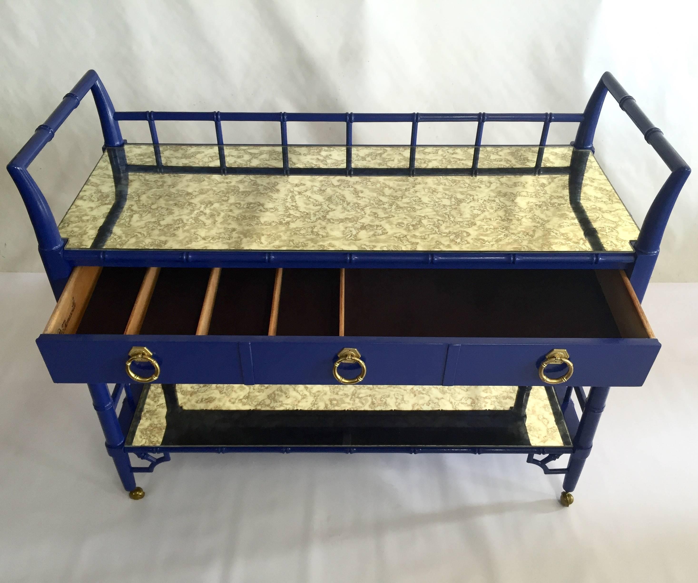 American 1970s Faux Bamboo Blue Lacquered Server Cart