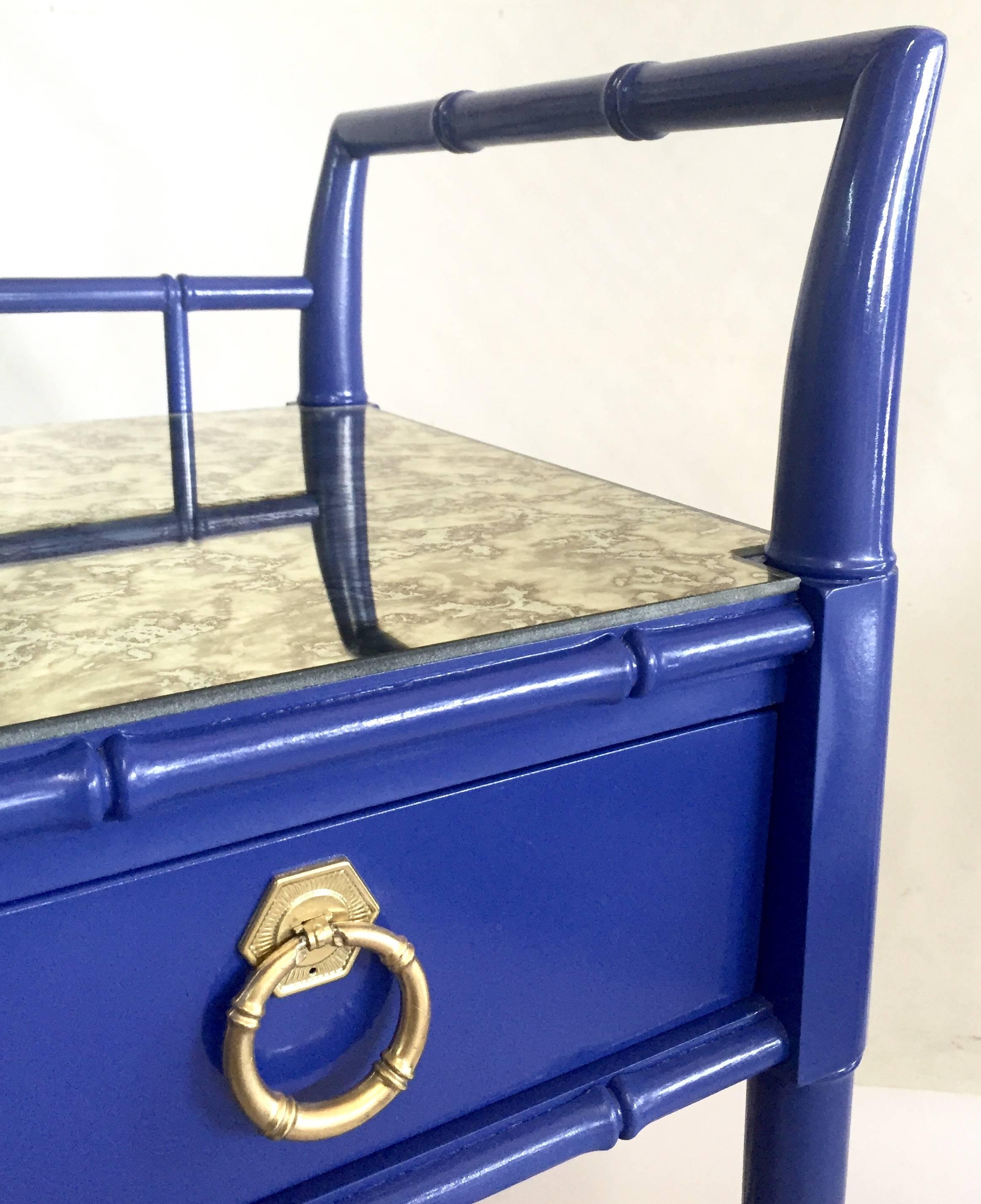 Late 20th Century 1970s Faux Bamboo Blue Lacquered Server Cart