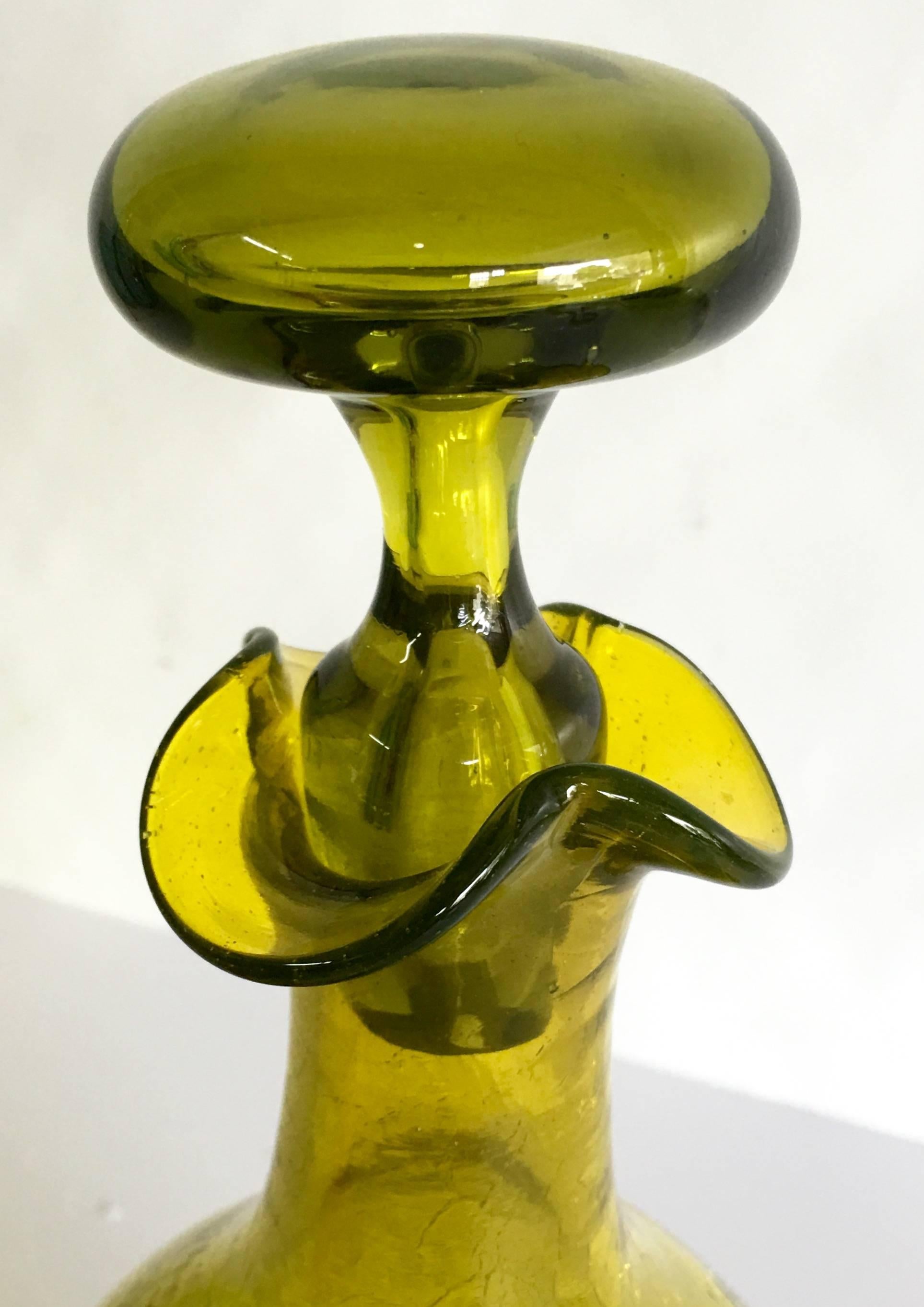 American Mid-Century Blenko Glass Green Pinched Crackle Glass Decanter
