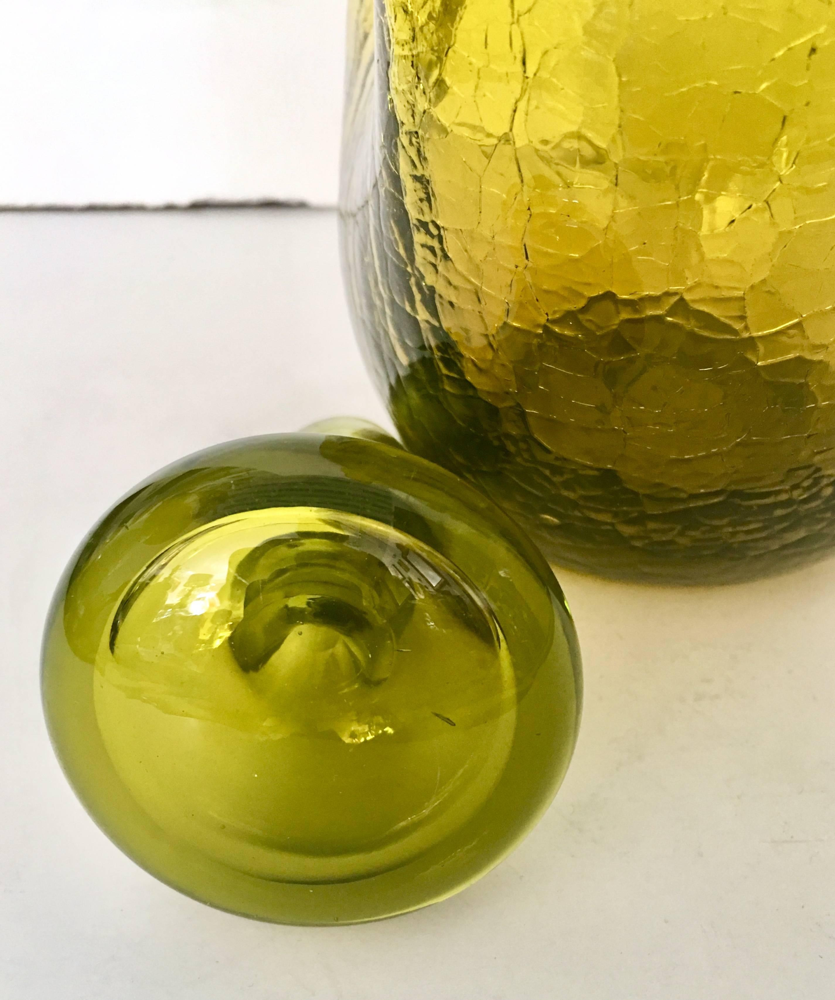 Mid-Century Blenko Glass Green Pinched Crackle Glass Decanter In Good Condition In West Palm Beach, FL