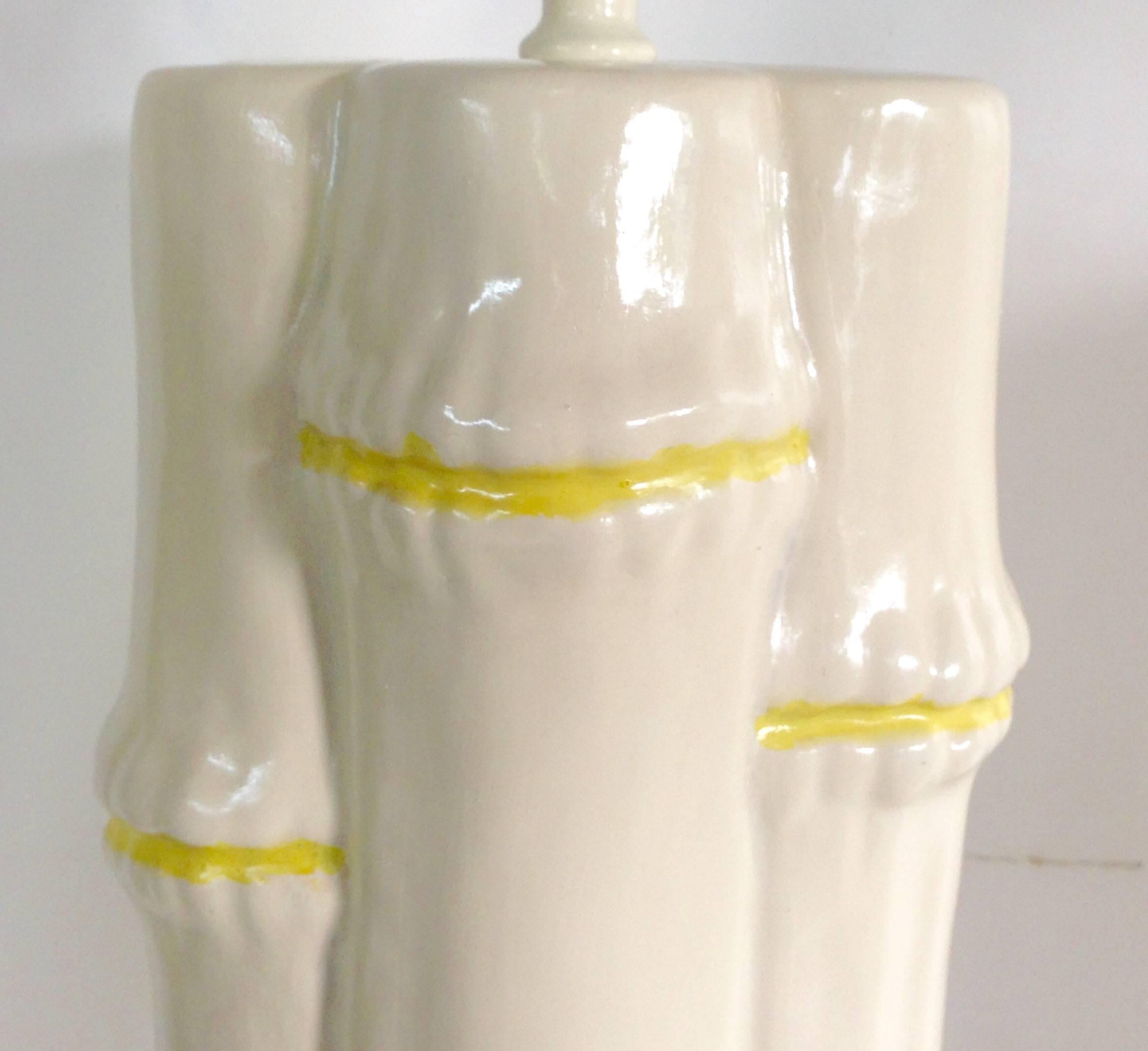 Hollywood Regency 1960'S Pair Of Ceramic White & Yellow Faux-Bamboo Table Lamps For Sale