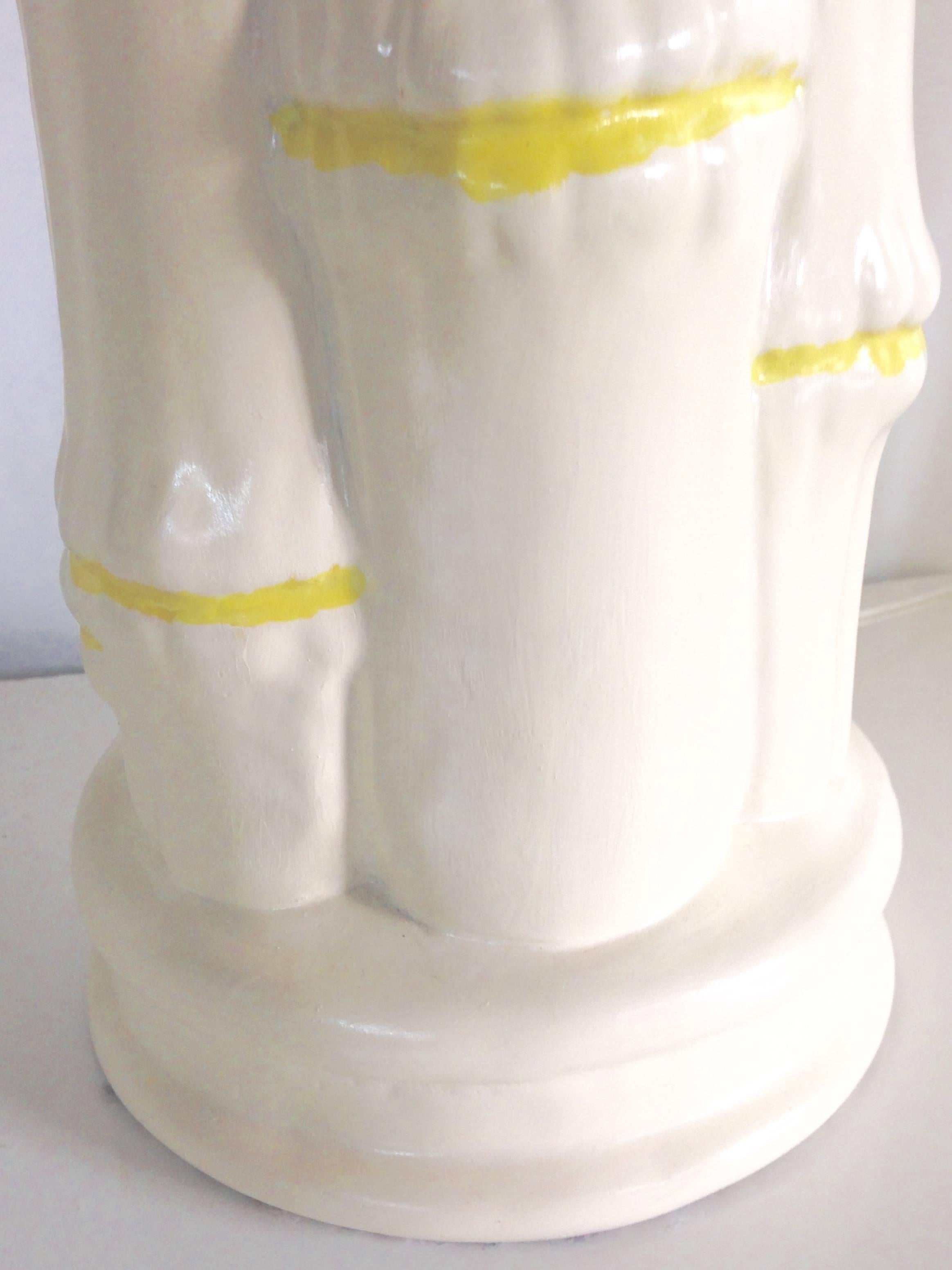 American 1960'S Pair Of Ceramic White & Yellow Faux-Bamboo Table Lamps For Sale